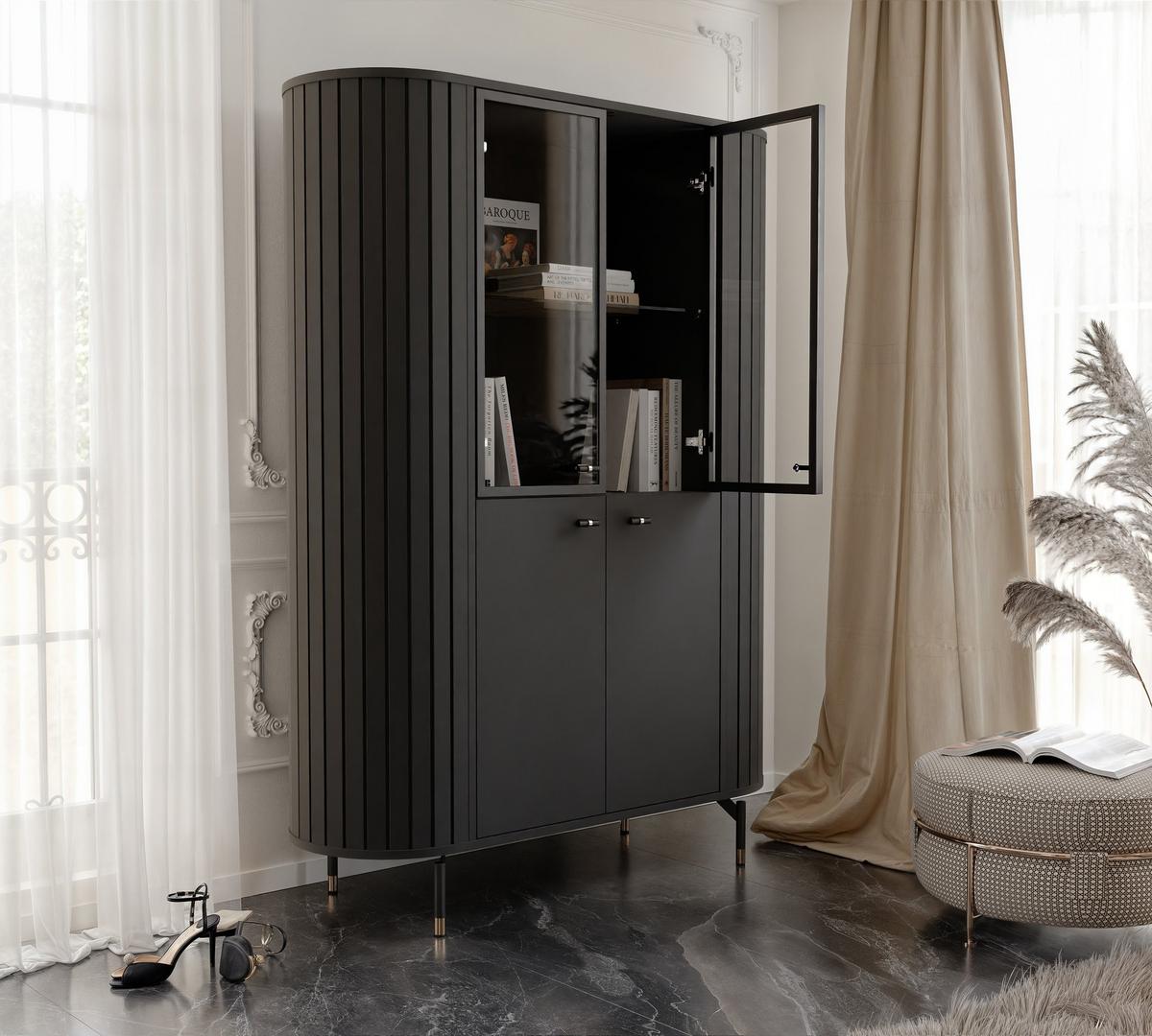 GLASVITRINE geriffelt aus MDF, Schwarz - Schwarz, Holzwerkstoff (112/155/40cm) - Idohome