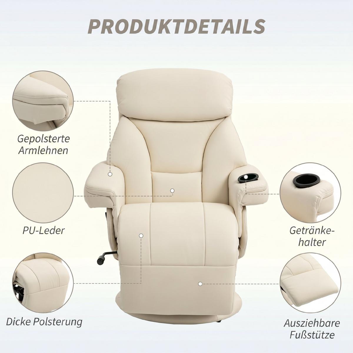 RELAXSESSEL PU Cremeweiß - Creme, Leder/Metall (86/106/87cm) - HOMCOM