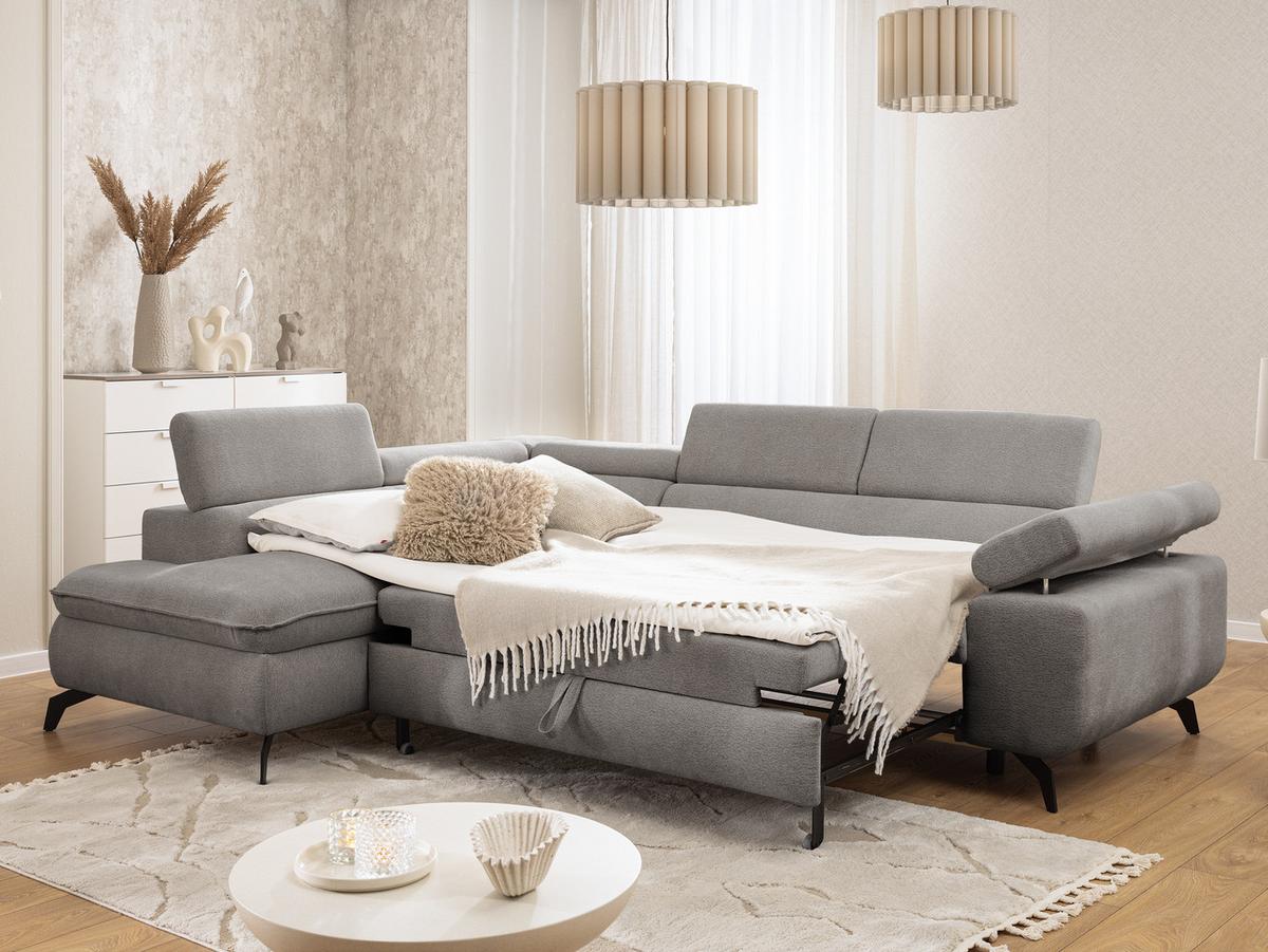 ECKSOFA mit Schlaffunktion und Bettkasten Bonnie aus Hellgrau Chenille-Stoff mit verstellbaren Kopfstützen und Armlehne - Ottomane links - Hellgrau/Schwarz, Holz/Textil (275/210cm) - S-Style Möbel