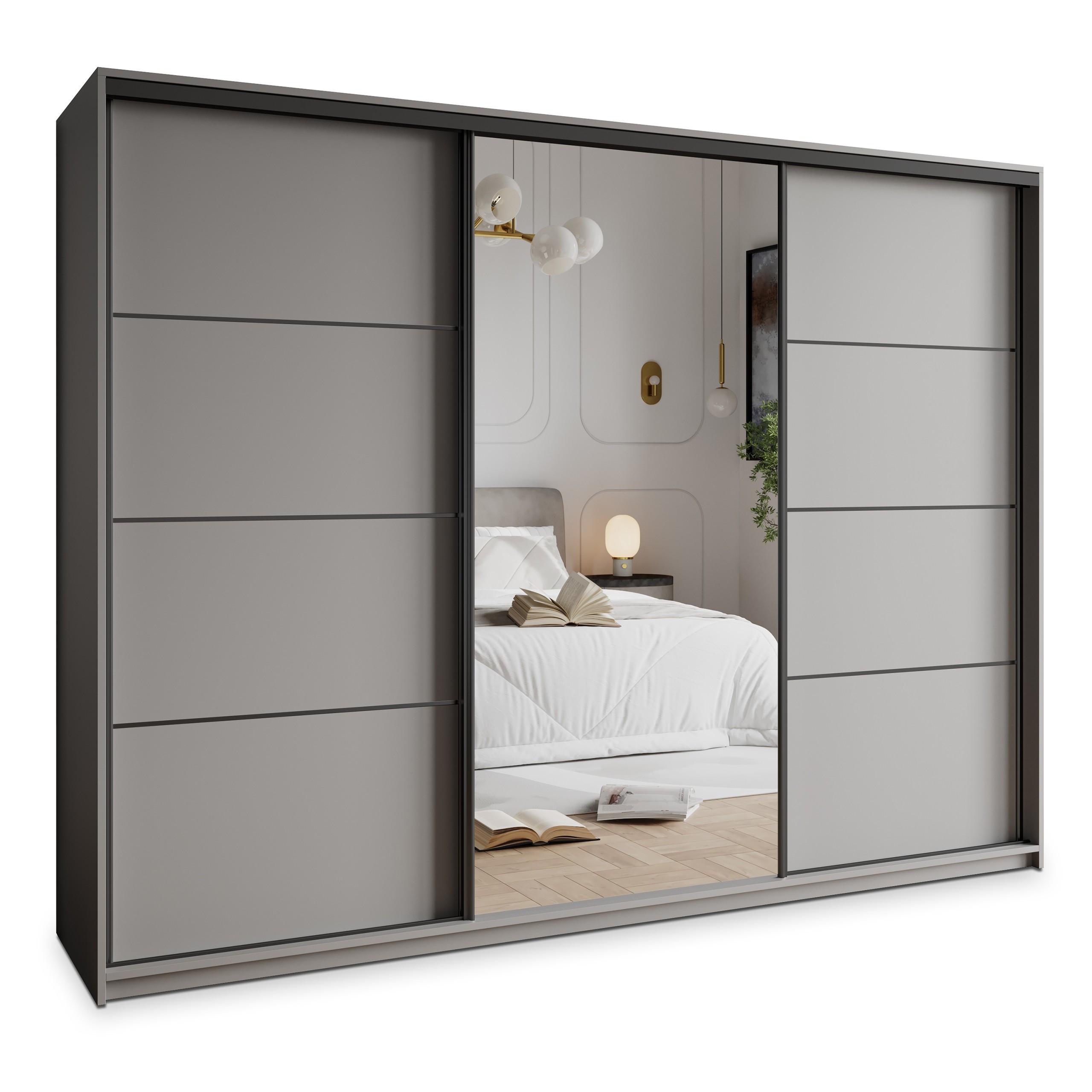 SCHWEBETÜRENSCHRANK VARO 270/205/60 cm 3-türig mit Spiegel Graphitfarben - Graphitfarben, Holzwerkstoff (270/205/60cm) - MASSENO