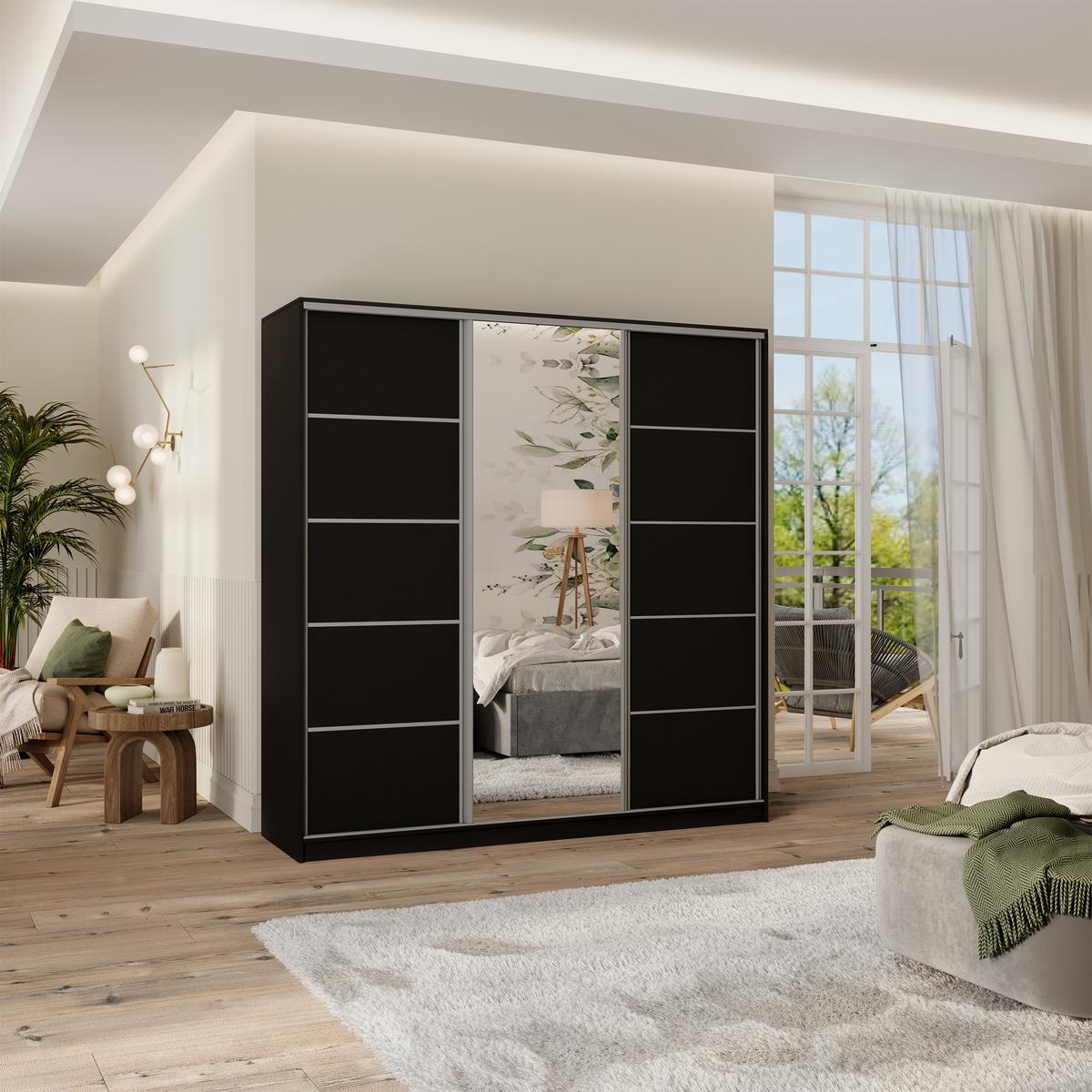 SCHWEBETÜRENSCHRANK PINA 180/205/58 cm 3-türig mit Spiegel und Schubladen Schwarz - Silberfarben/Schwarz, Holzwerkstoff (180/205/58cm) - MASSENO