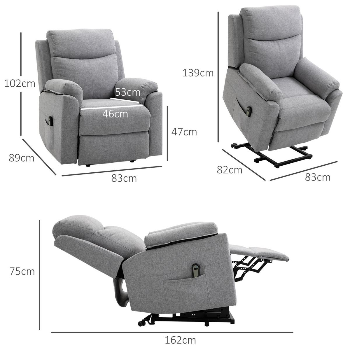 FERNSEHSESSEL mit Aufstehhilfe, Grau - Schwarz/Grau, Textil/Metall (89/102/83cm) - HOMCOM