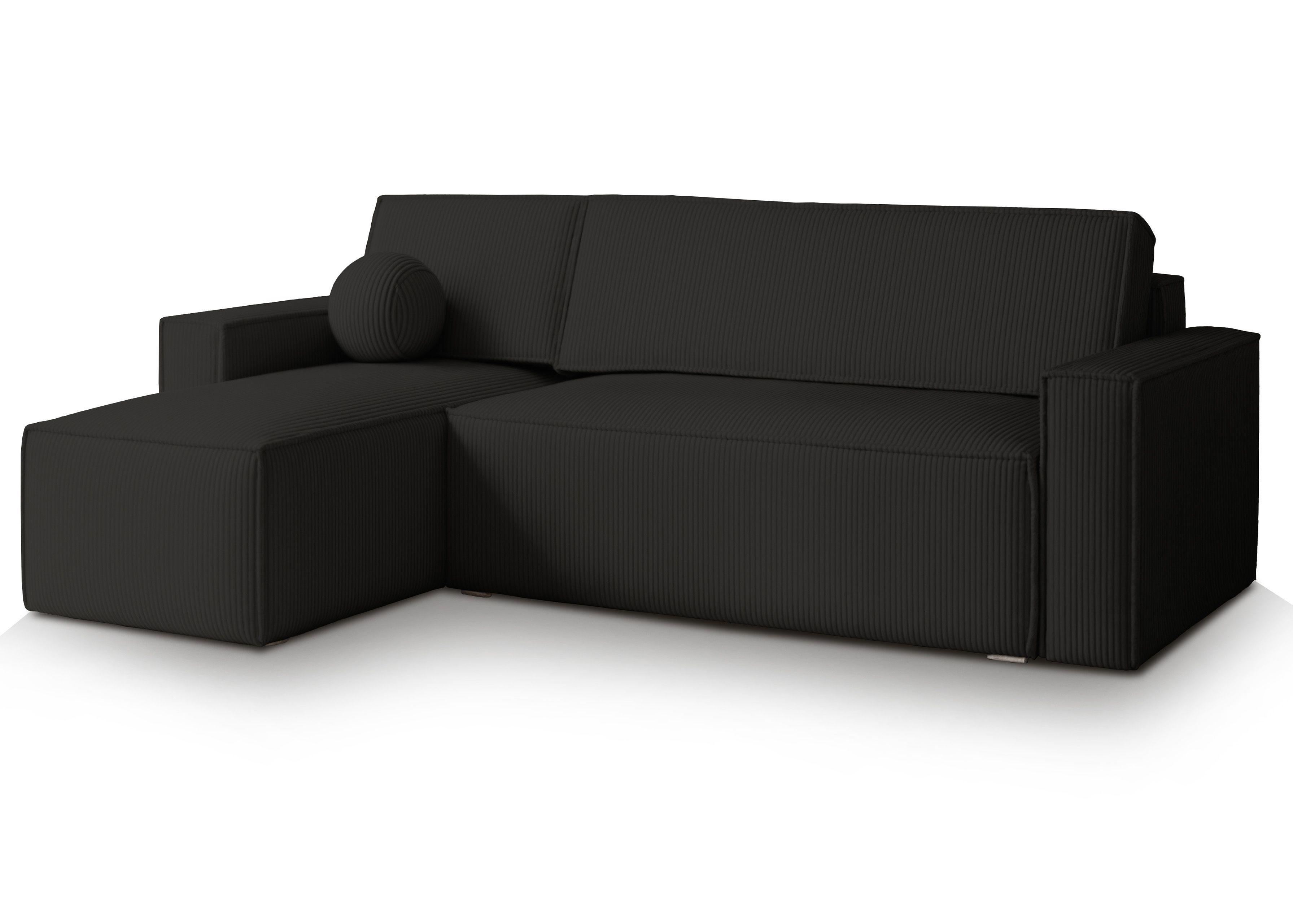 ECKSOFA RAVELO P Schwarz Kordstoff mit Schlaffunktion - Schwarz/Grau, Holz/Kunststoff (240/140cm) - MASSENO