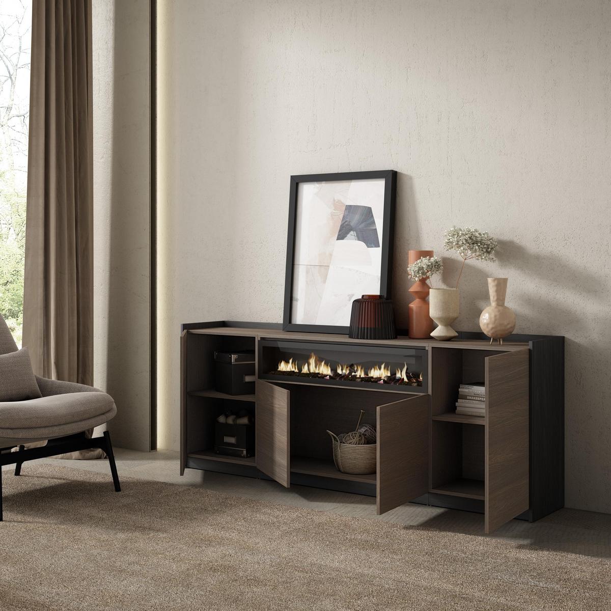 SIDEBOARD, Highboard, Dunkler Eiche und Schwarz, Elektrokamin, 207/37/80cm - Hellbraun, Holzwerkstoff (207/80/37cm) - Skraut Home