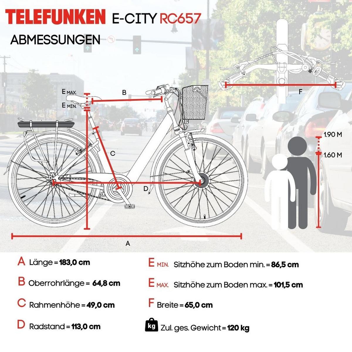 E-BIKE Cityrad Multitalent RC657 28 Zoll Elektrofahrrad 536,5 Wh Frontmotor 7-Gang-Kettenschaltung - Weiß, Metall (110cm) - Telefunken