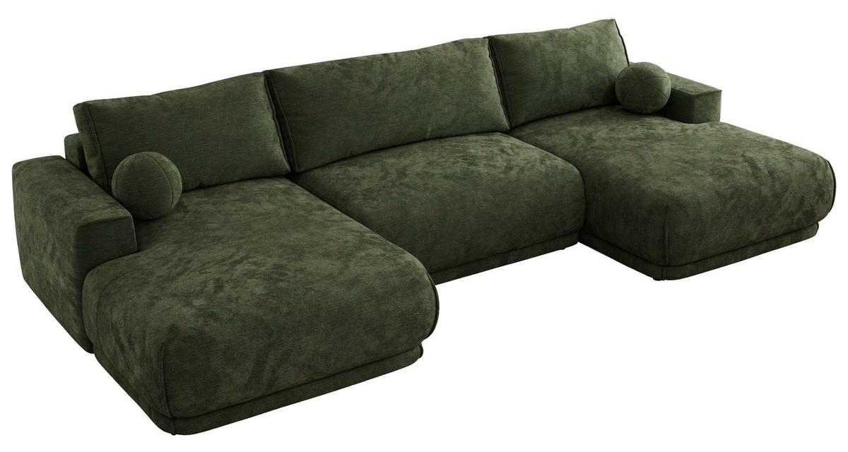 WOHNLANDSCHAFT RINA U Dunkelgrün Schenille glatt - Dunkelgrün/Schwarz, Kunststoff/Textil (360/85/170cm) - MKS