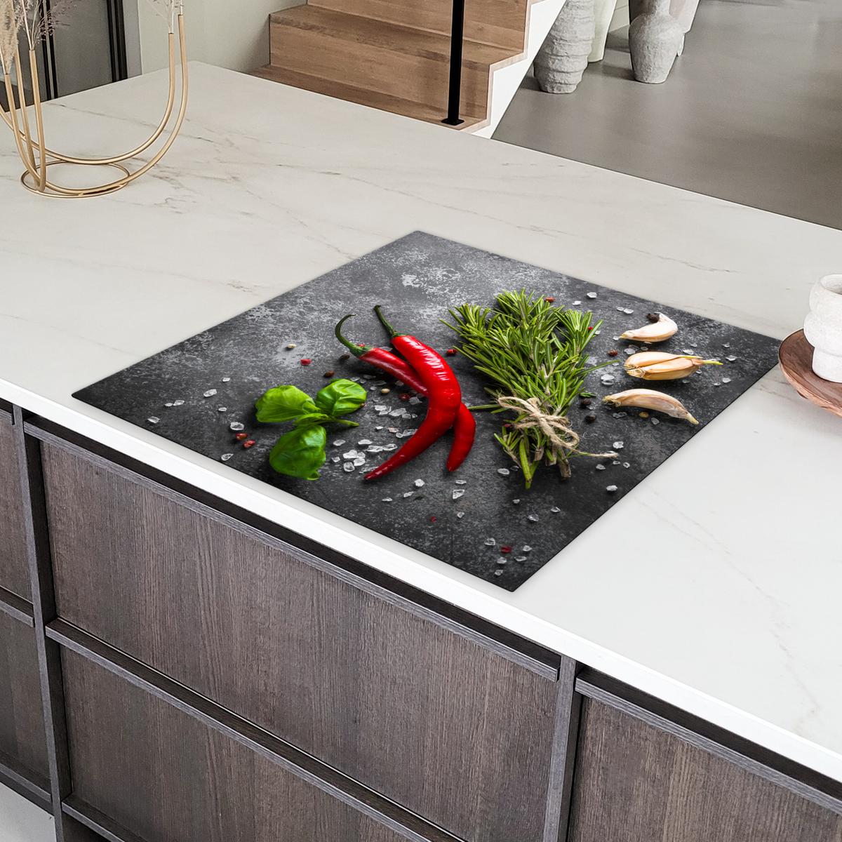 HERDABDECKPLATTE Pfeffer - Kräuter - Gewürze - Beton Induktionsmatte 78x78 cm - Rot, Kunststoff (78/78/0.2cm) - MuchoWow