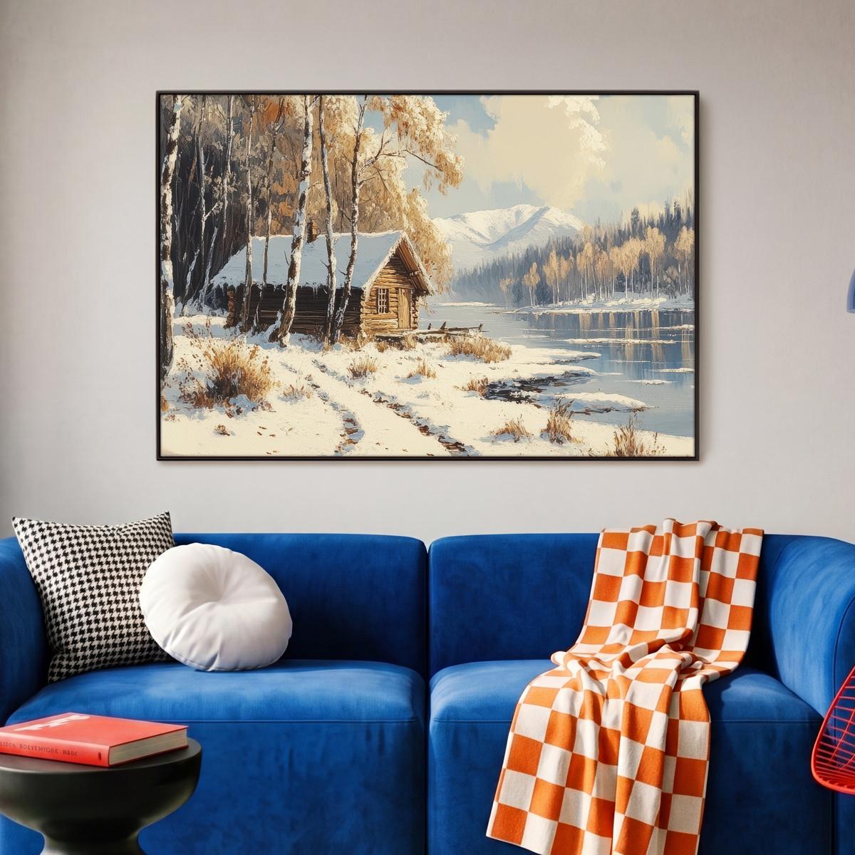 LEINWAND Bilder mit Rahmen - Winter - Schnee - Zuhause - Natur - 90x60 - Hellbraun, Textil (90/60cm) - MuchoWow