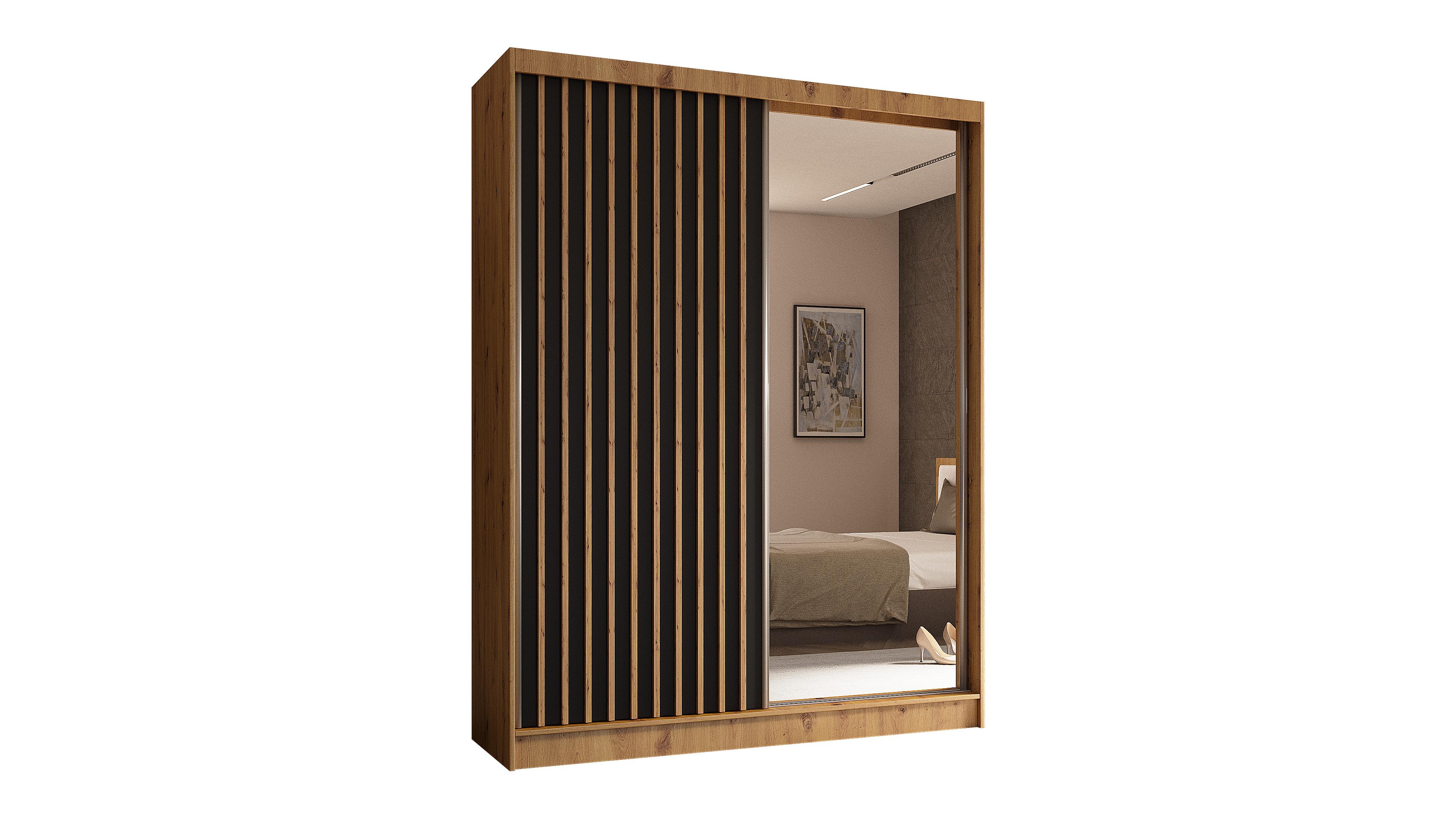 KLEIDERSCHRANK mit Spiegel-Schiebetüren und Aluminium-Leisten, LED-Beleuchtung - LAMELO- 150 cm Artisan+Schwarz+Artisan - Braun, Holzwerkstoff (150/216/61cm) - ALTDECOR