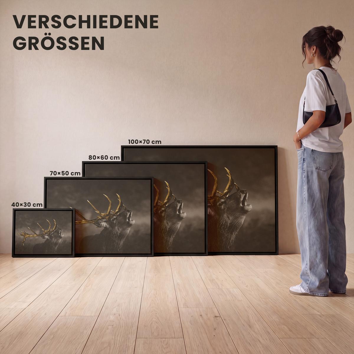 LEINWAND Bilder mit Rahmen - Rotwild - Schwarz - Gold - 40x30 - Braun, Textil (40/30cm) - MuchoWow