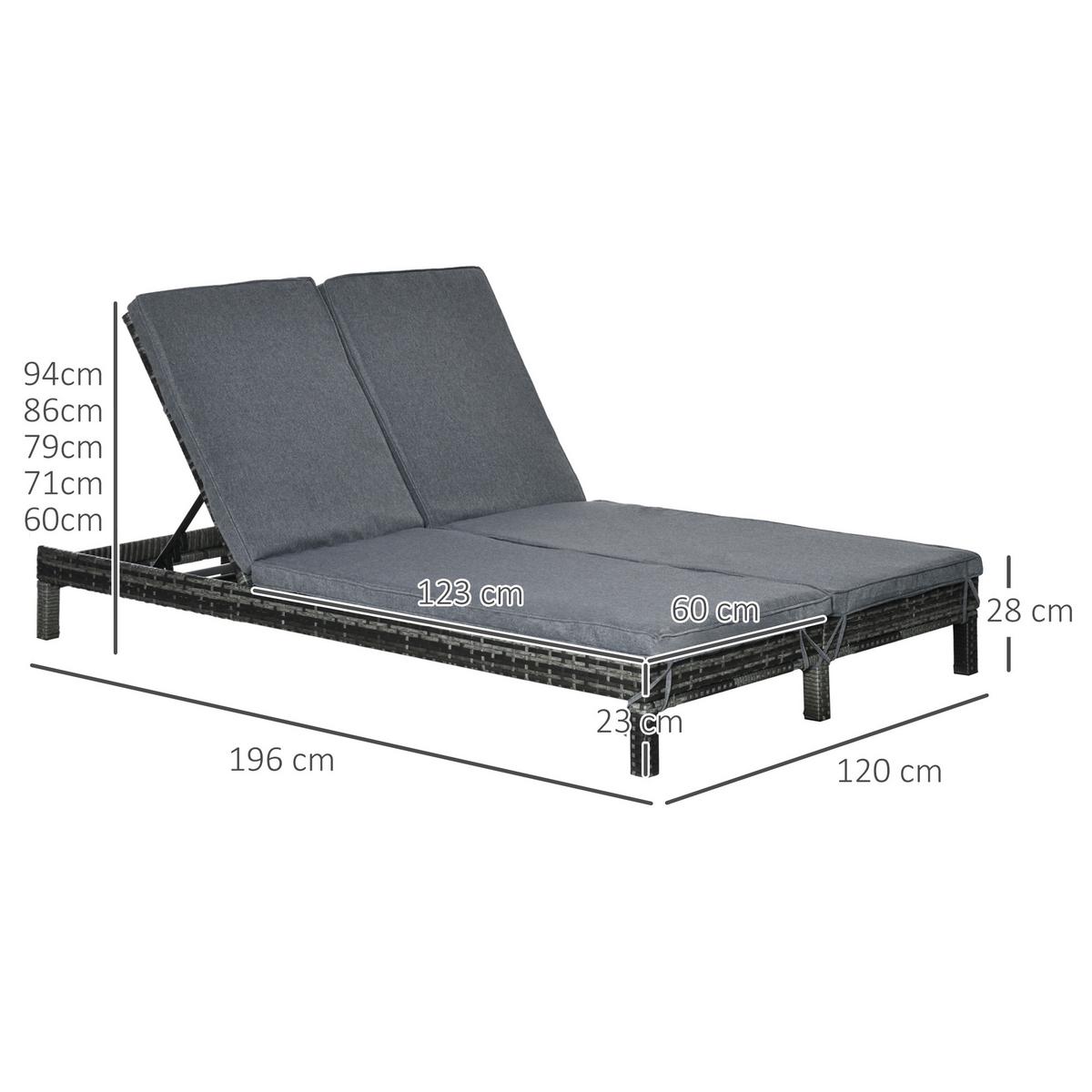 DOPPELLIEGE, Metall, PE, Rattan, Grau - Grau, Metall (120/28/196cm) - Outsunny