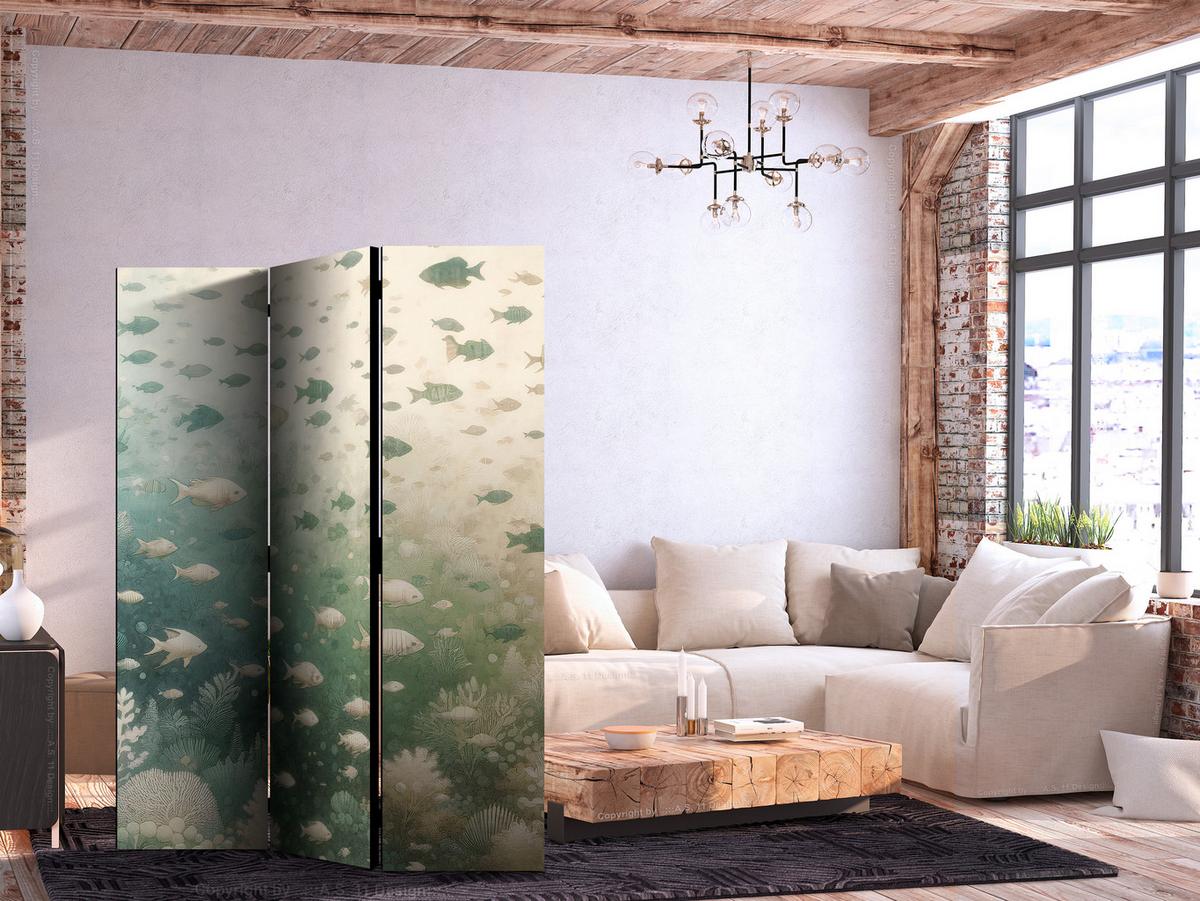 PARAVENT Akustik 3-tlg 135x172 cm Fischschwarm im Boho Stil - Grün, Holz/Textil (135/172/3cm) - Muralo