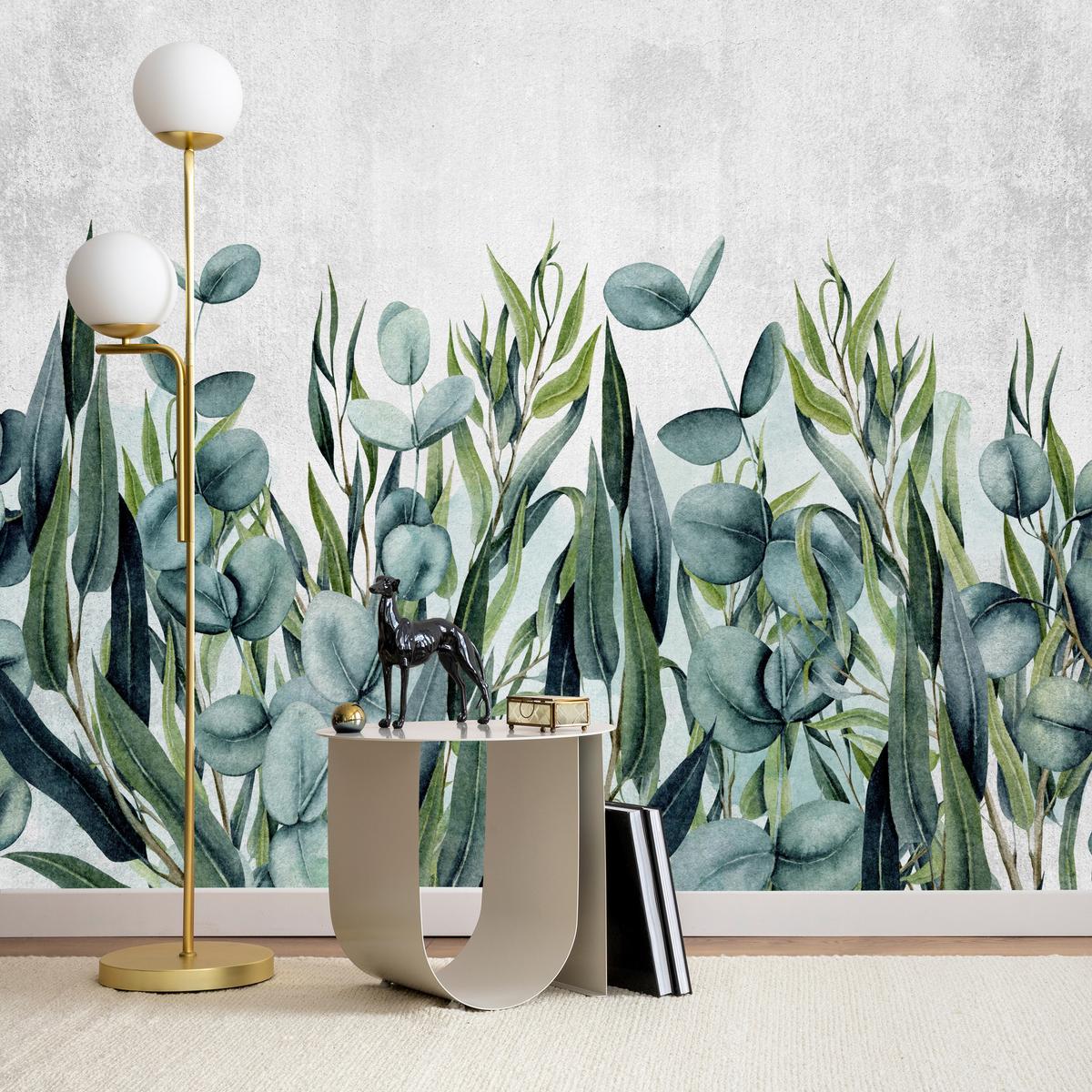 FOTOTAPETE für Wohnzimmer Blätter Beton Aquarell 400x280 - Grau/Grün, Papier (400/280cm) - Muralo