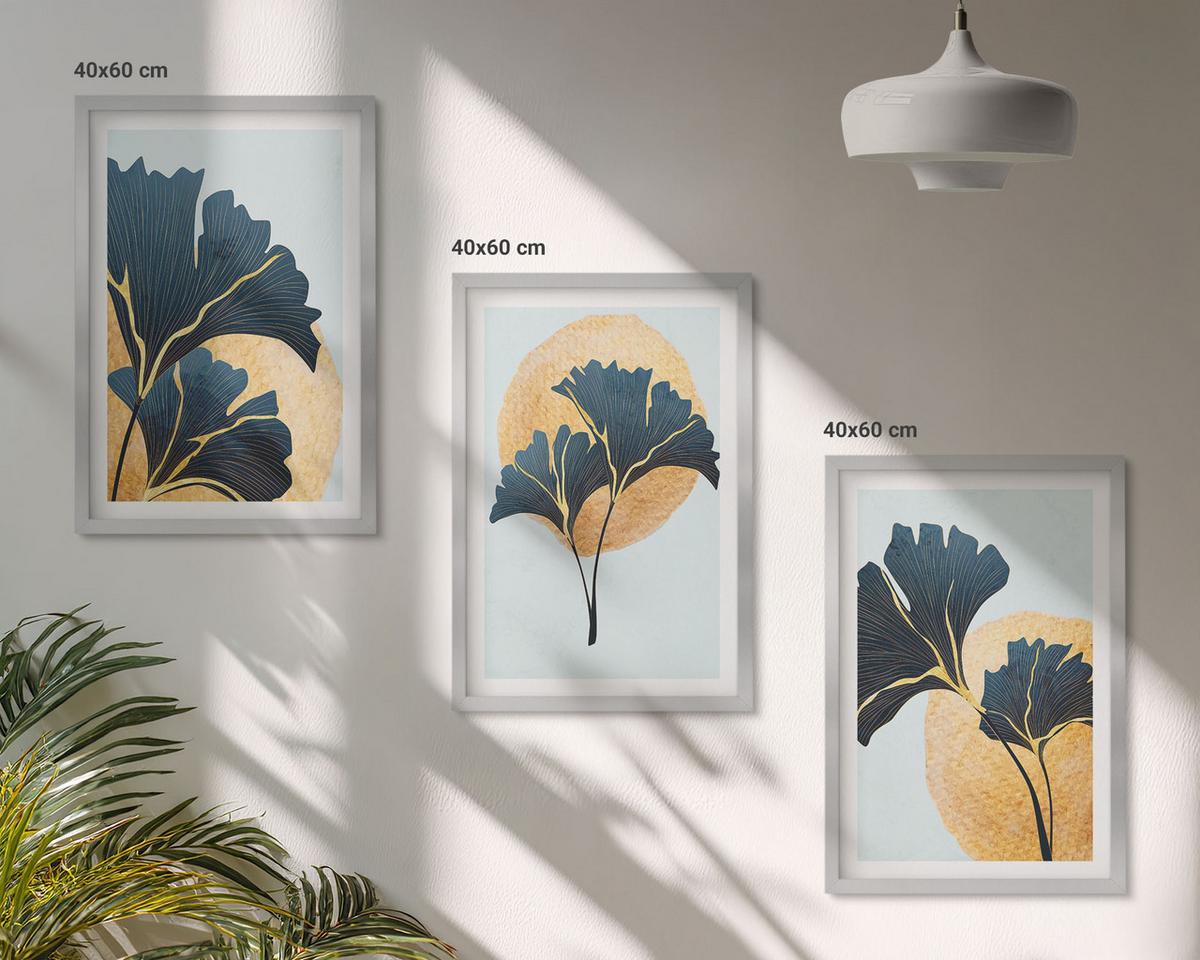 BILDER SET 3er Set - 40x60 cm Silberner Rahmen - Ginkgoblätter, heller Hintergrund - Silberfarben, Kunststoff (40/60cm) - TULUP