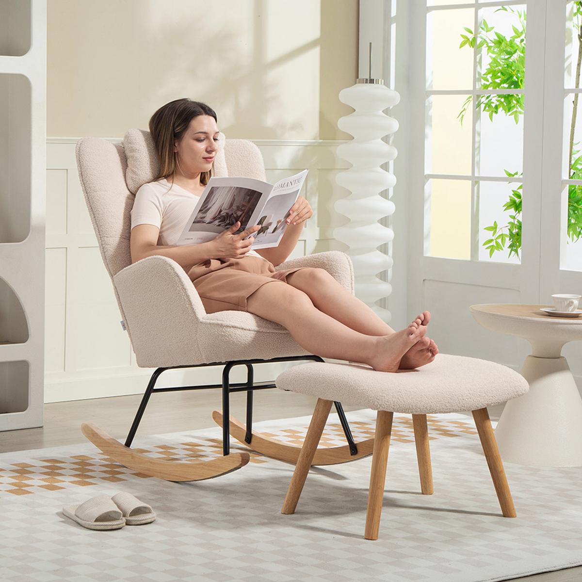 SCHAUKELSTUHL mit Fußhocker, weicher Fleece-Bezug, Holzbeine, Beige - Beige/Naturfarben, Holz/Buchenholz (70.5/99.5/101.5cm) - HOMCOM