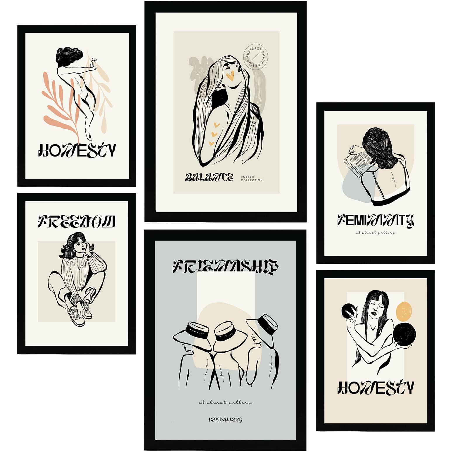 POSTER Set Mit 6 In Schwarzer Tinte Freundschaft Kunstdrucke Im Skizzenstil Für Innenarchitektur A3 & A4 Schwarzer Rahmen - Schwarz, Papier (29/3cm) - Nacnic