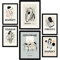 POSTER Set Mit 6 In Schwarzer Tinte Freundschaft Kunstdrucke Im Skizzenstil Für Innenarchitektur A3 & A4 Schwarzer Rahmen - Schwarz, Papier (29/3cm) - Nacnic