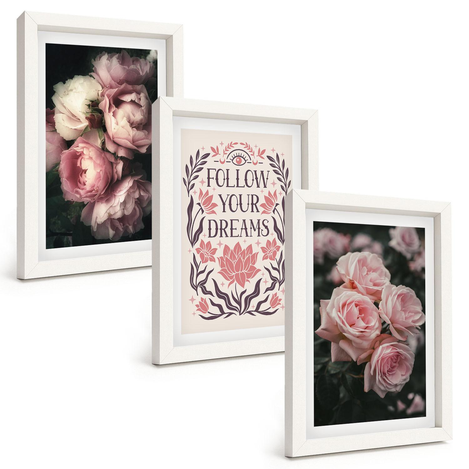 BILDER SET 3er Set - 20x30 cm Weißer Rahmen - Vintage-Rosenträume-Inschrift - Weiß, Kunststoff (20/30cm) - TULUP