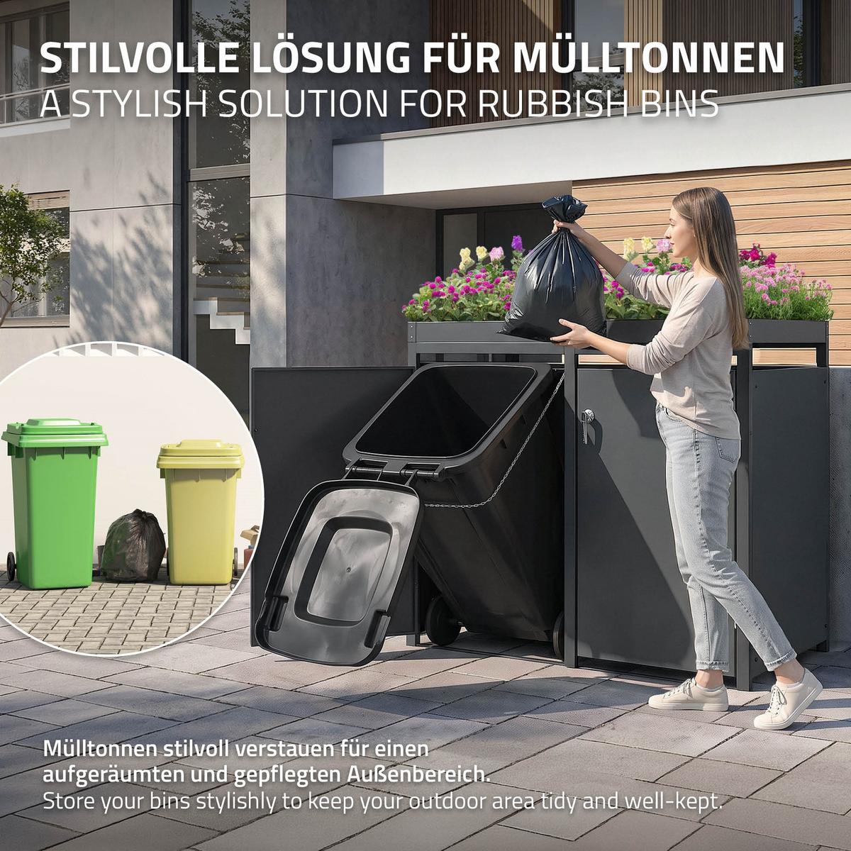 MÜLLTONNENBOX 2er mit Pflanzdach Anthrazit - Anthrazit, Metall (132/124/80cm) - ML-DESIGN