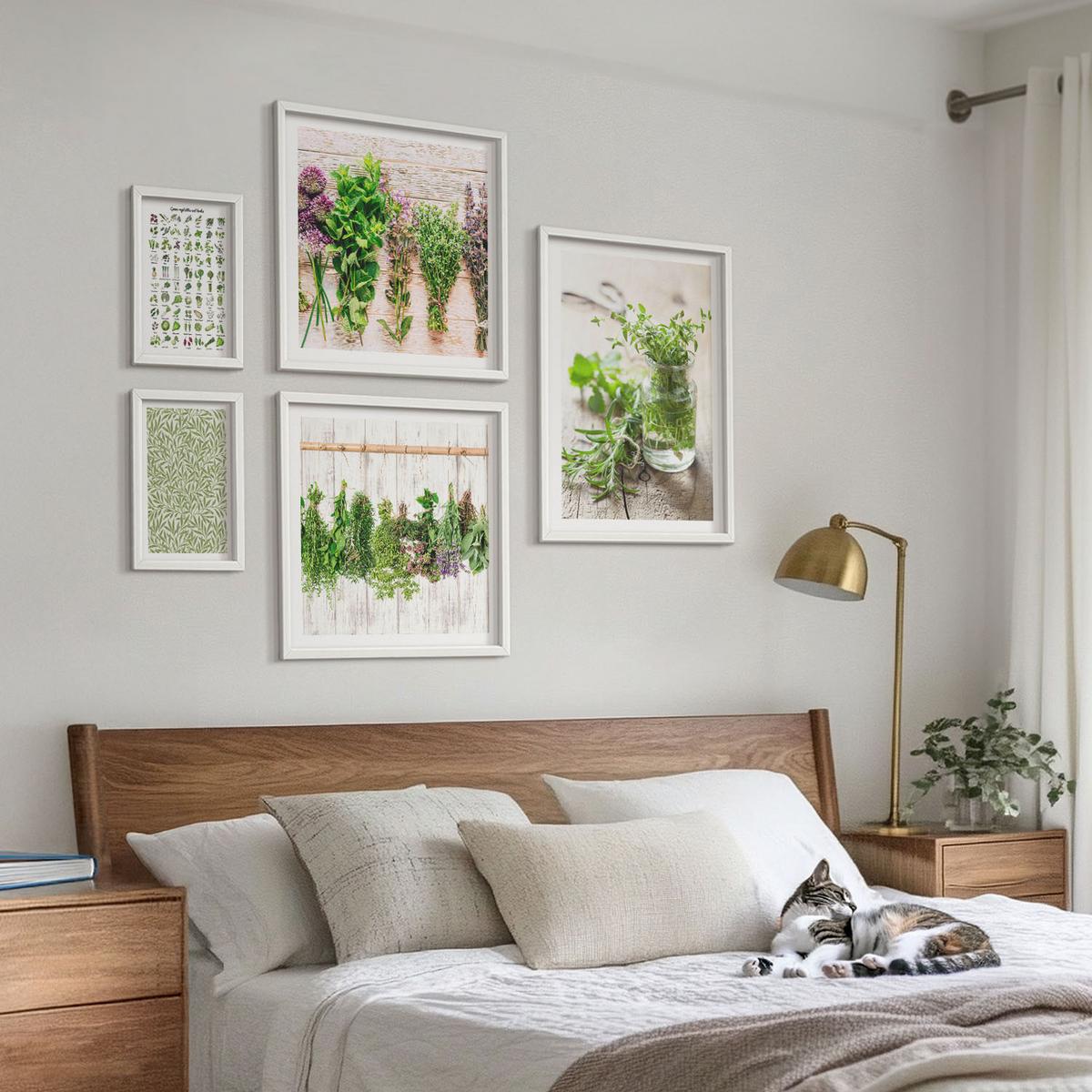 BILDER SET 5er Set - 50x50 cm & 20x30 cm & 40x60 cm Weißer Rahmen - Getrocknete Kräuter für die Küche - Weiß, Kunststoff (40/60cm) - TULUP
