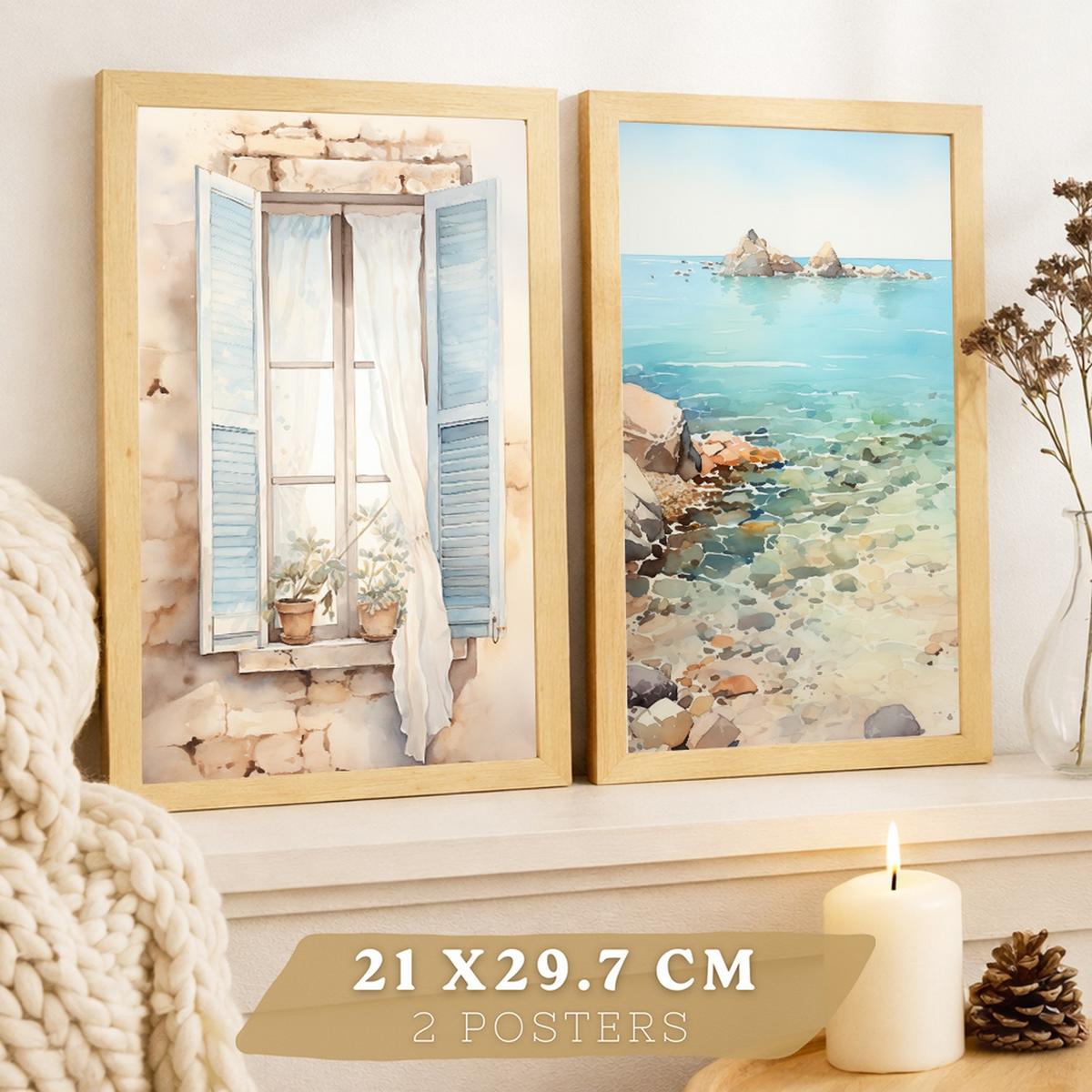 POSTER 3er Bilder-Set Wandbilder Meer Relax modern ohne Rahmen – Wohnzimmer Deko, Schlafzimmer, Küche, Badezimmer Leichter Holzrahmen A3 - Beige, Papier (29.7/1/42cm) - Nacnic