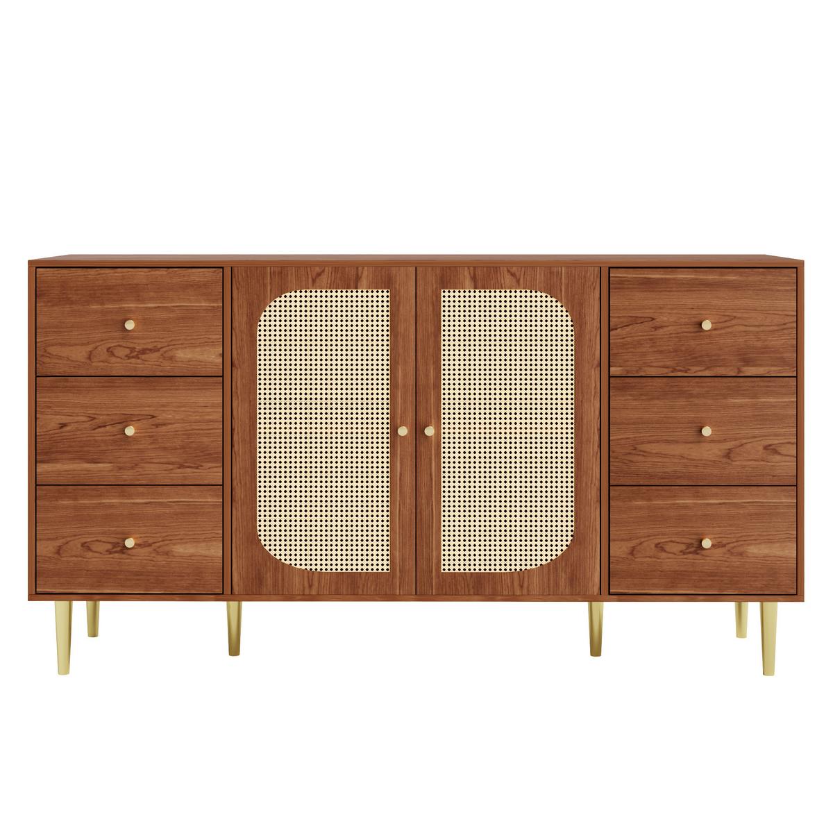 SIDEBOARD 160 cm Holzoptik & Rattan Kommode mit 6 Schubladen und 2 Türen - Eichefarben, Holzwerkstoff (160/90/40cm) - Urban Meuble