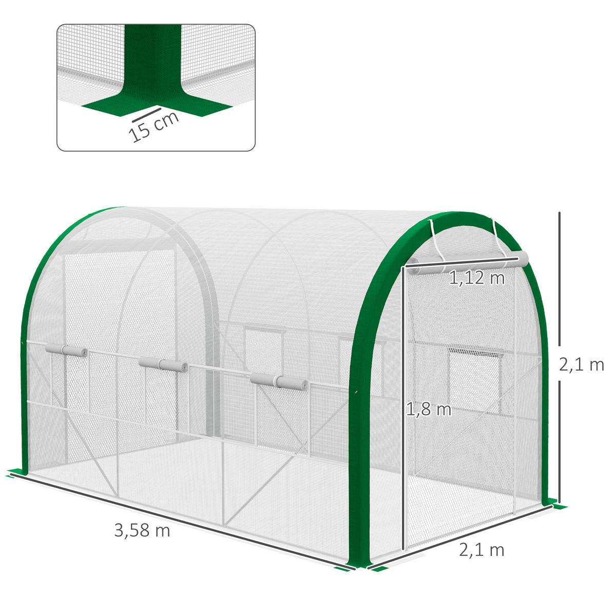FOLIENGEWÄCHSHAUS mit Rolltür mit Fenster, Verzinkter Stahl, PE, Polyester, Weiß - Weiß, Metall (210/210/358cm) - Outsunny