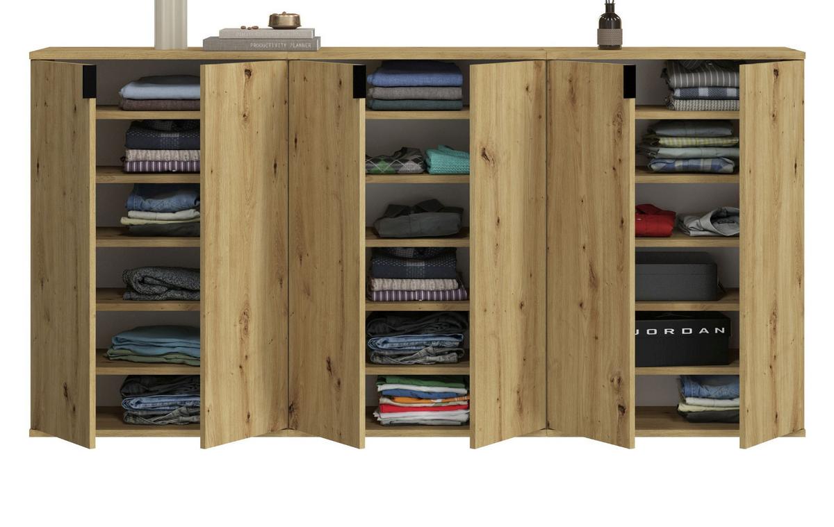 SIDEBOARD Eiche Artisan 183 cm, Kommode mit viel Stauraum - Schwarz/Eiche Artisan, Holzwerkstoff/Metall (183/99/34cm) - Inn.Furn