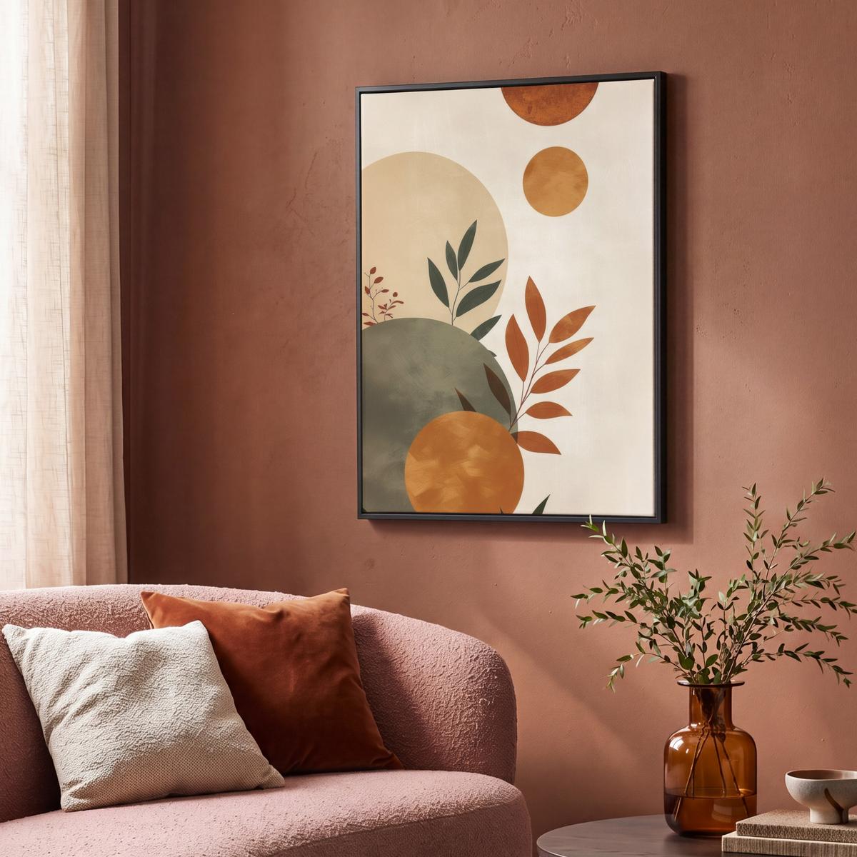 LEINWAND Bilder mit Rahmen - Formen - Rund - Blätter - Beige - 70x100 - Rostfarben, Textil (70/100cm) - MuchoWow