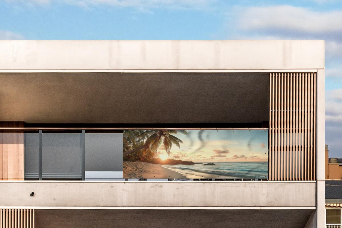 BALKON-SICHTSCHUTZ Strand - Palmen - Meer - Sonnenuntergang Windschutz 300x90 cm - Samtahornfarben, Kunststoff (300/90cm) - MuchoWow
