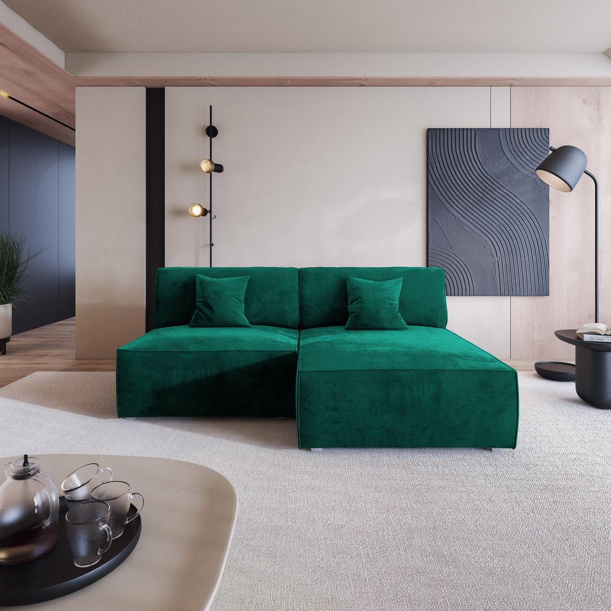ECKSOFA FIORO M Grün Velours-Stoff mit Schlaffunktion - Grau/Grün, Holz/Kunststoff (204/148cm) - MASSENO