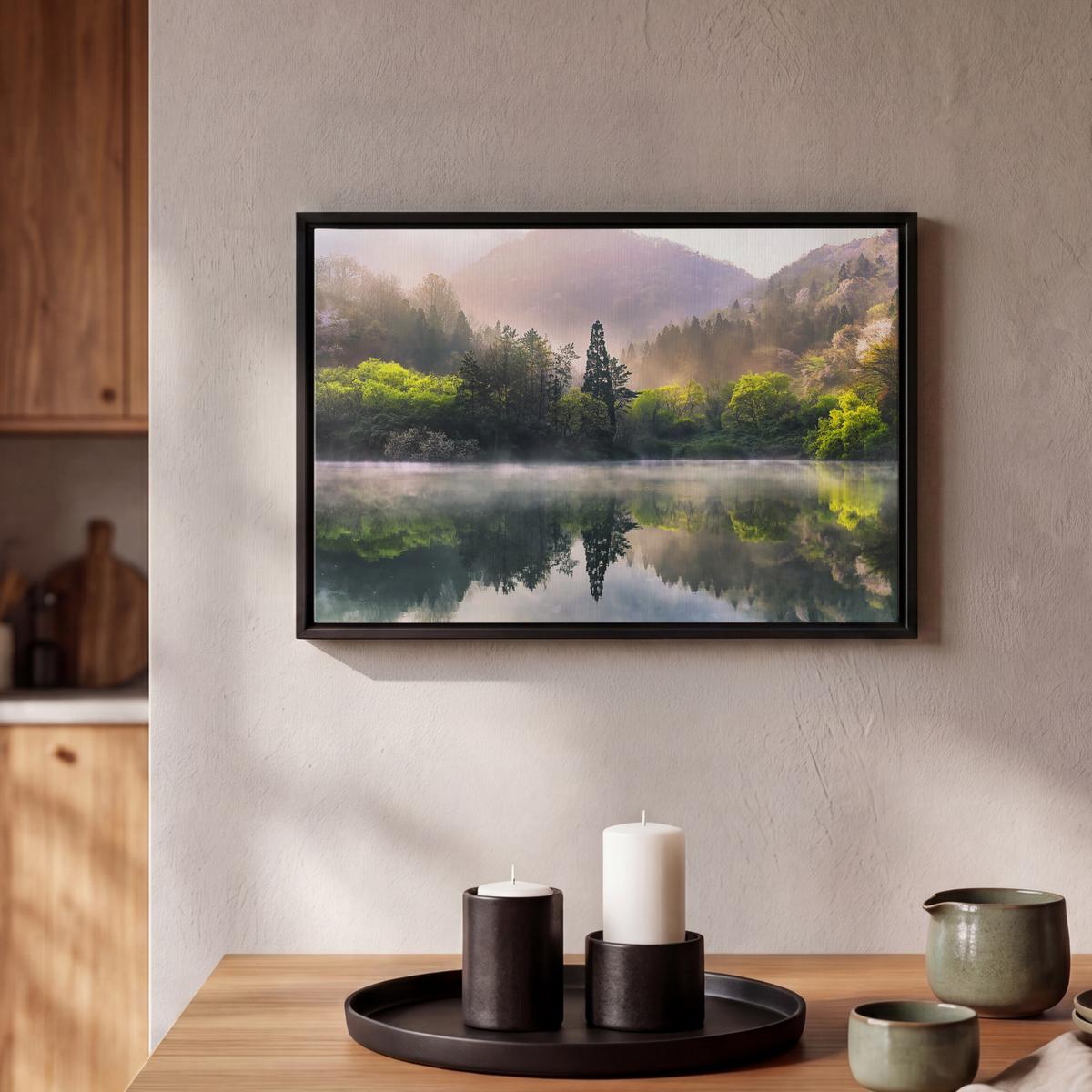 LEINWAND Bilder mit Rahmen - Natur - Bäume - Berge - See - Wasser - 30x20 - Hellgrün, Textil (30/20cm) - MuchoWow