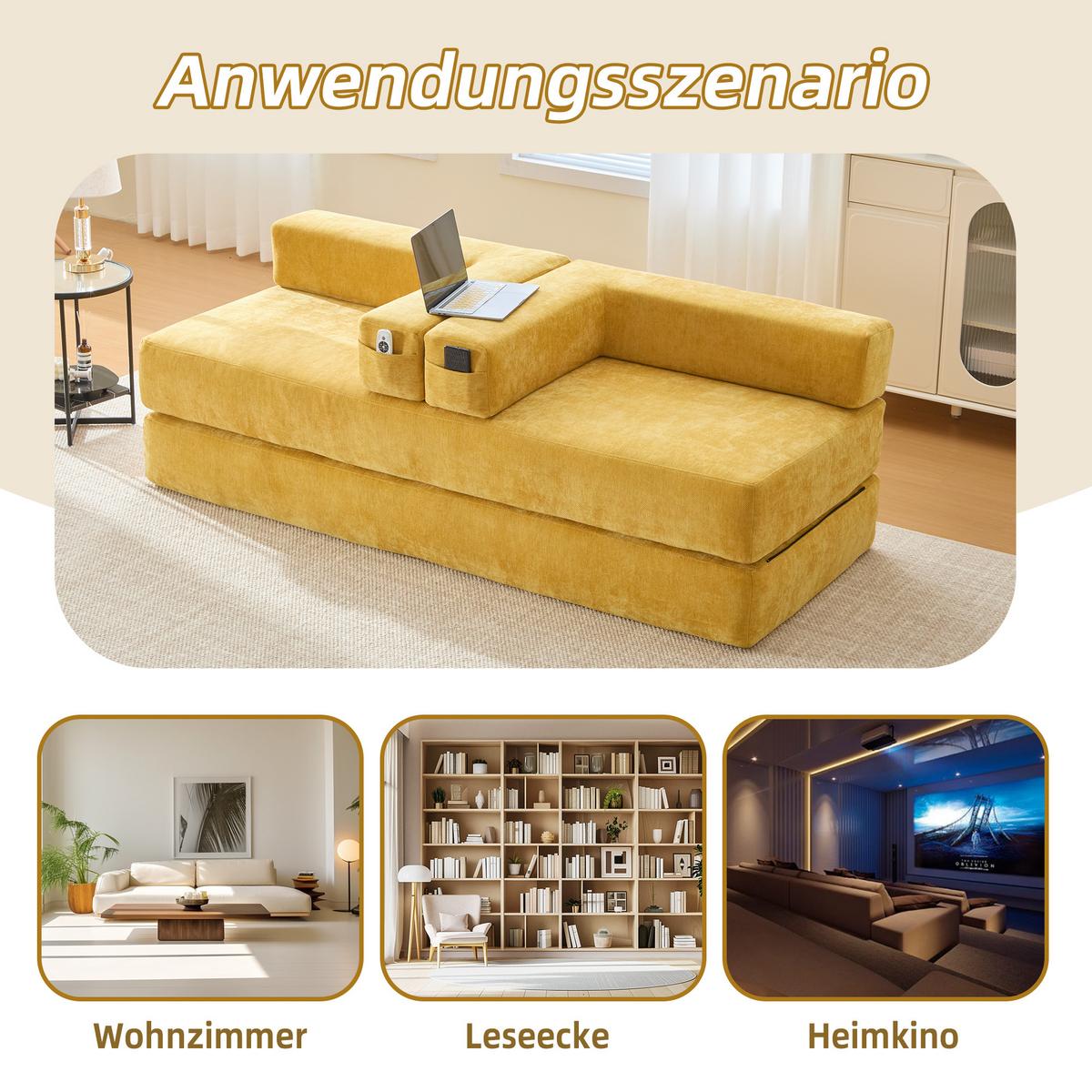 SCHLAFSOFA Modulares Chenille Block-Sofa DIY Kombinierbar mit Seitentaschen & Rutschfest - Dunkelgelb, Textil (198/60/79cm) - Urban Meuble