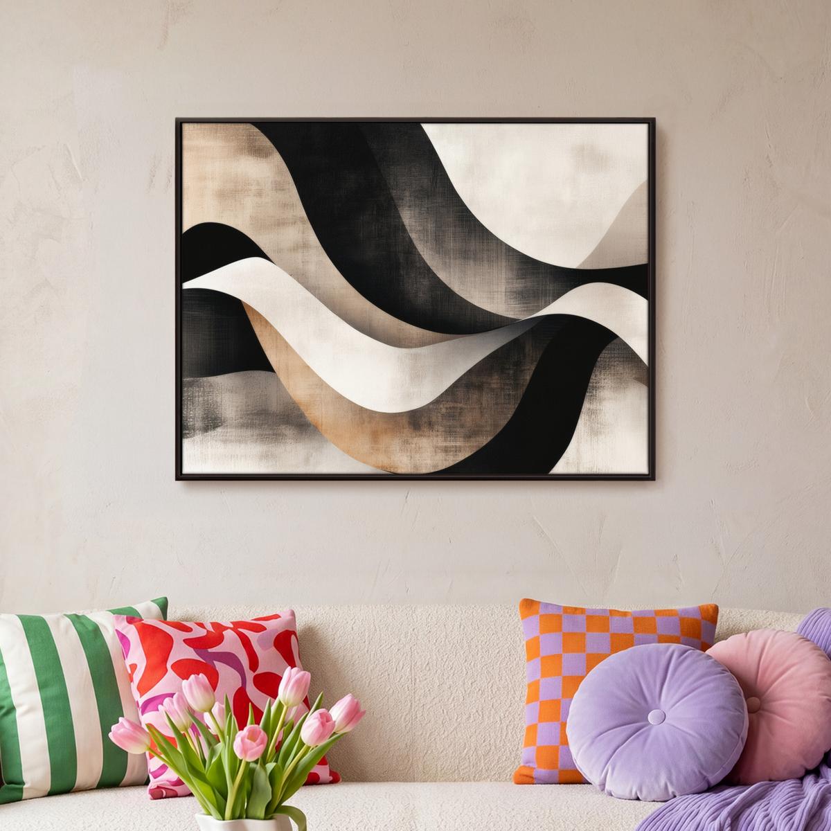 LEINWAND Bilder mit Rahmen - Abstrakt - Wellen - Schwarz - Verwittert - 70x50 - Trüffeleichefarben, Textil (70/50cm) - MuchoWow