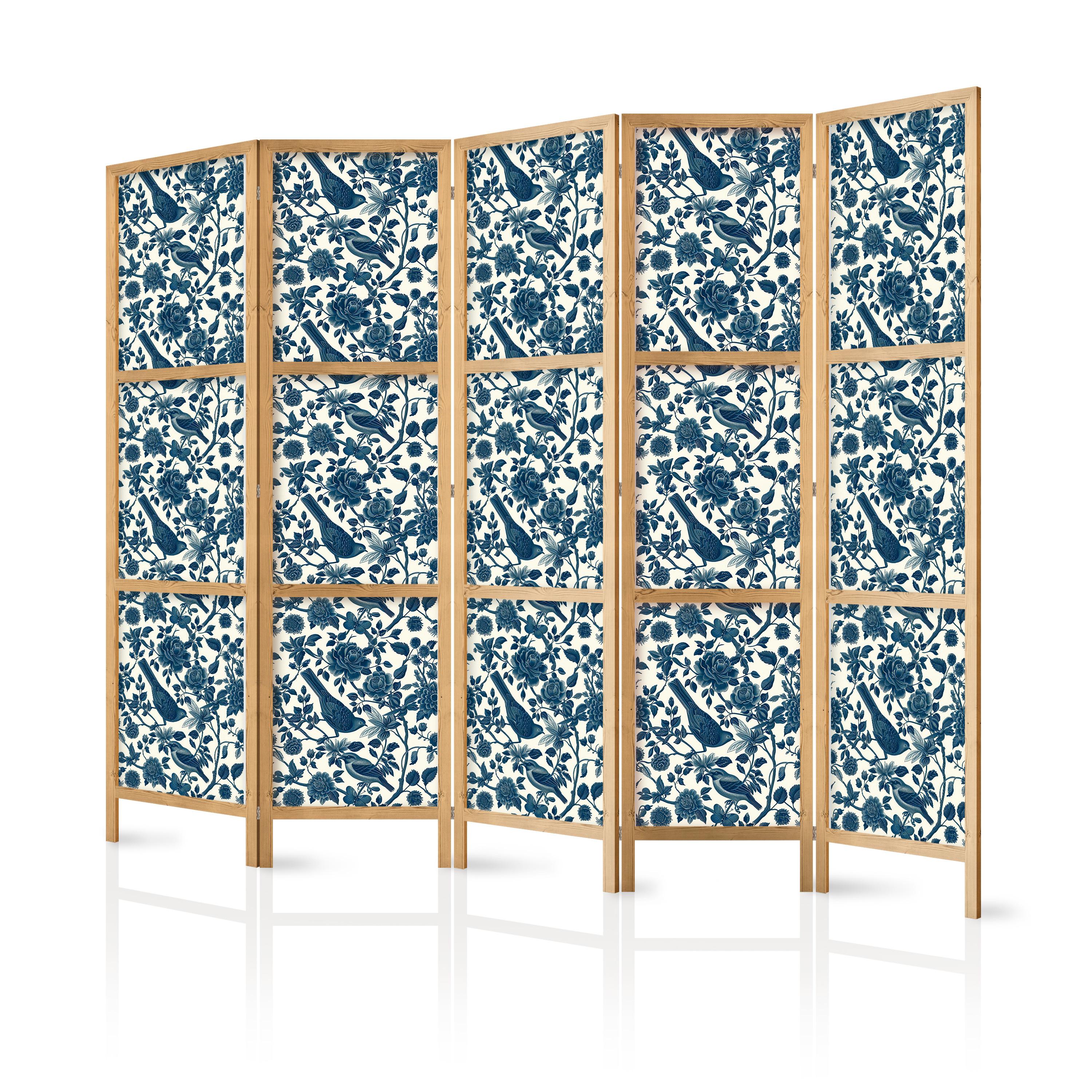 PARAVENT Japanischer 5-tlg 225x172 cm Blumen und V gel - Blau, Holz/Textil (225/172/3cm) - Muralo