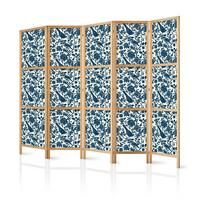 PARAVENT Japanischer 5-tlg 225x172 cm Blumen und V gel - Blau, Holz/Textil (225/172/3cm) - Muralo