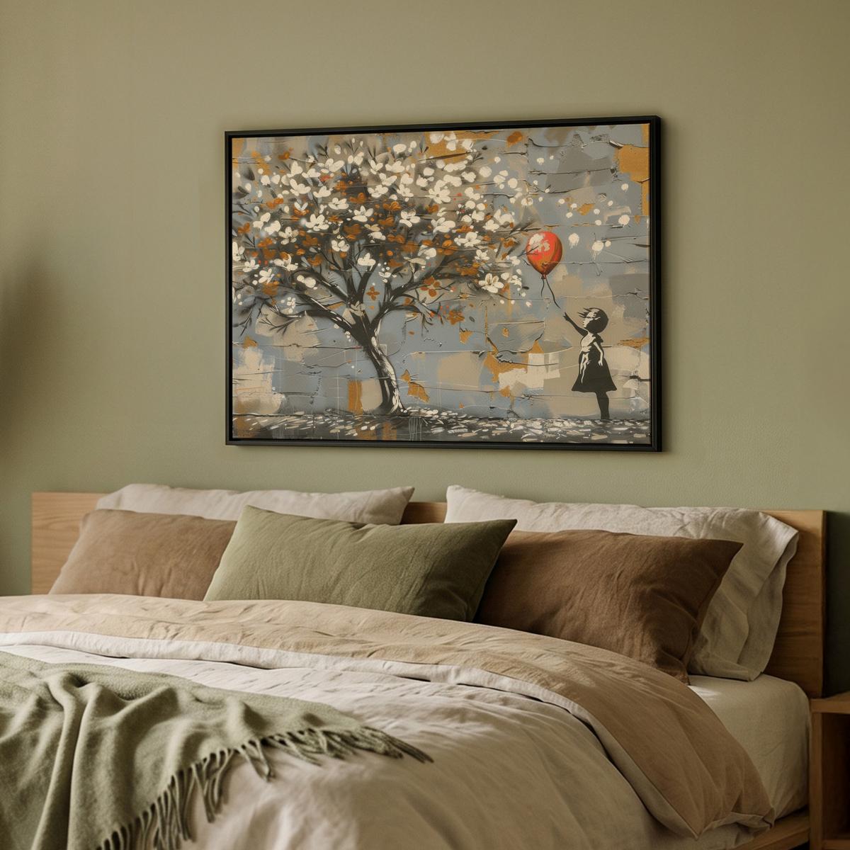 LEINWAND Bilder mit Rahmen - Baum - Graffiti - Banksy-Stil - Ballon-Mädchen - 70x50 - Blaugrau, Textil (70/50cm) - MuchoWow