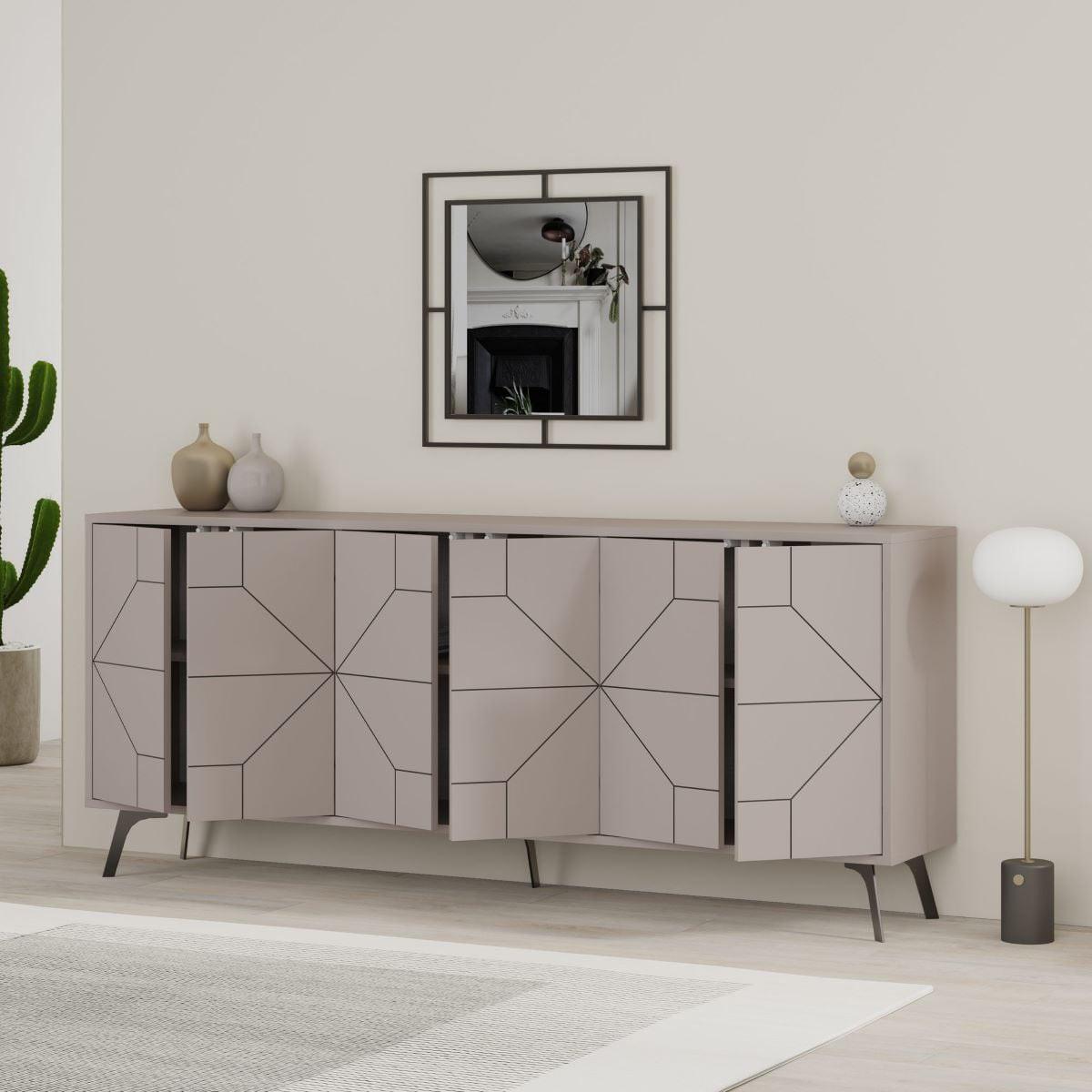 SIDEBOARD mit 6 dekorierten Türen L184 cm - Dune - Taupe, Holzwerkstoff (35/77.4/9cm) - Calicosy