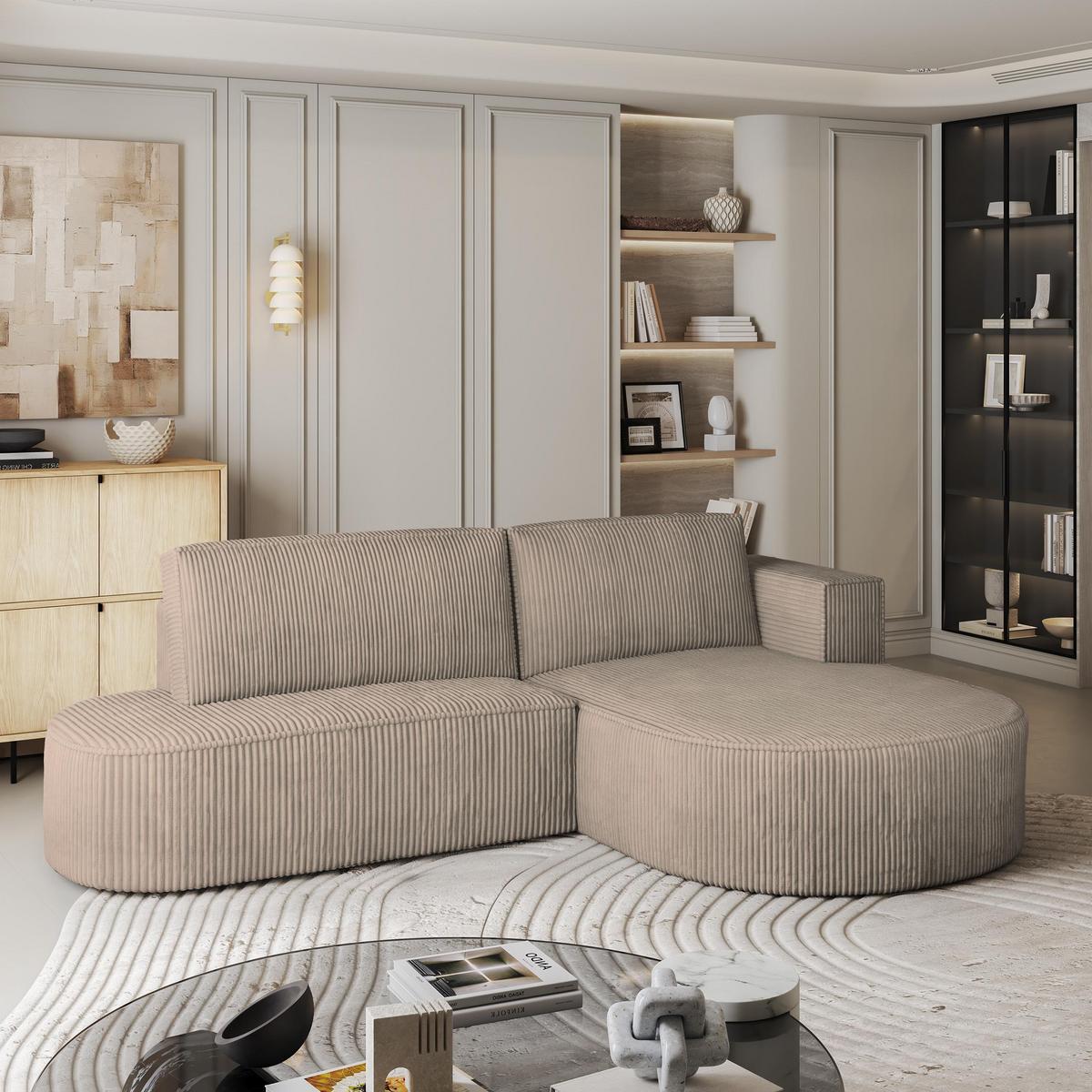 ECKSOFA CORTIO P R-S Beige Kordstoff mit Schlaffunktion - Beige, Holz (265/174cm) - MASSENO