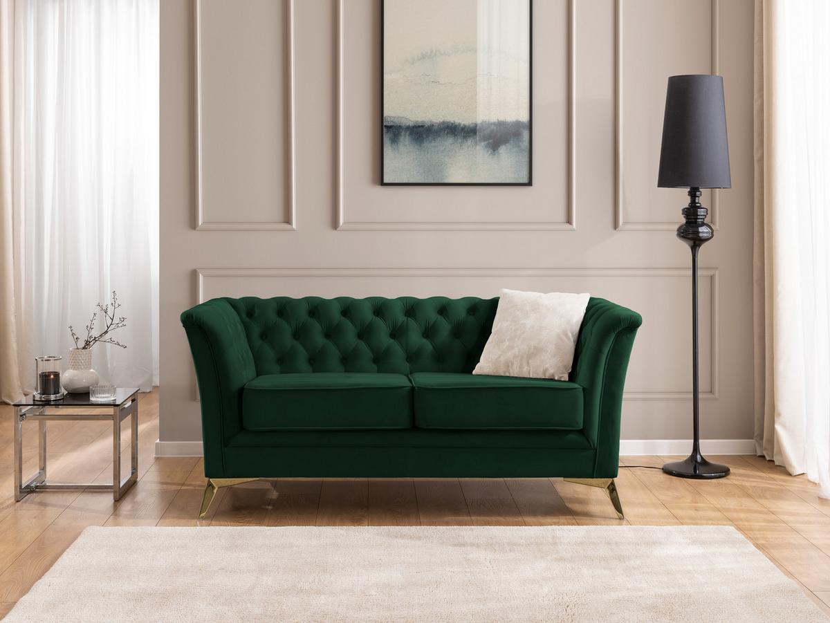SITZGARNITUR 3+2+1 Chesterfield Whitby Flaschengrün Samt mit goldenen Füßen - Dunkelgrün/Goldfarben, Holz/Textil (237/78/82cm) - S-Style Möbel