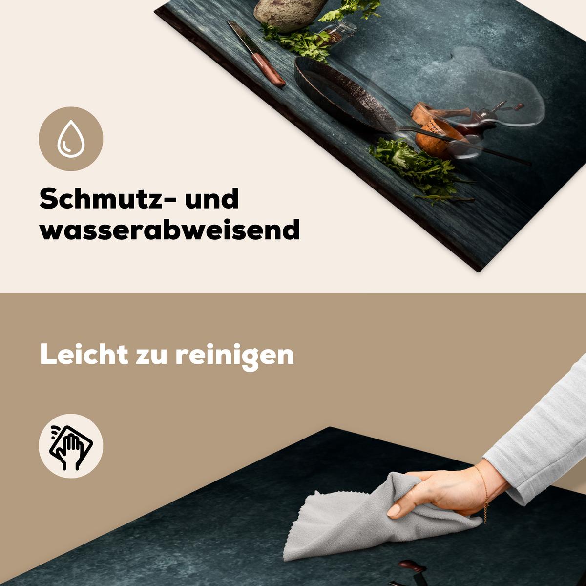 HERDABDECKPLATTE Kräuter - Gewürze - Pfanne - Messer - Grau - Rustikal Induktionsschutz 91.6x52.7 cm - Petrol, Kunststoff (91.6/52.7/0.2cm) - MuchoWow