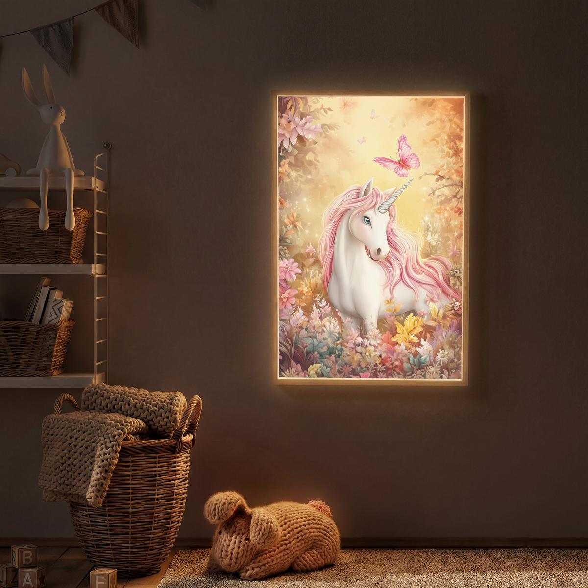 NACHTTISCHLAMPE MIT AKKU Einhorn - Blumen - Schmetterling - Rosa 60x90 cm - Beige, Holzwerkstoff (8/60/90cm) - OnlyWow
