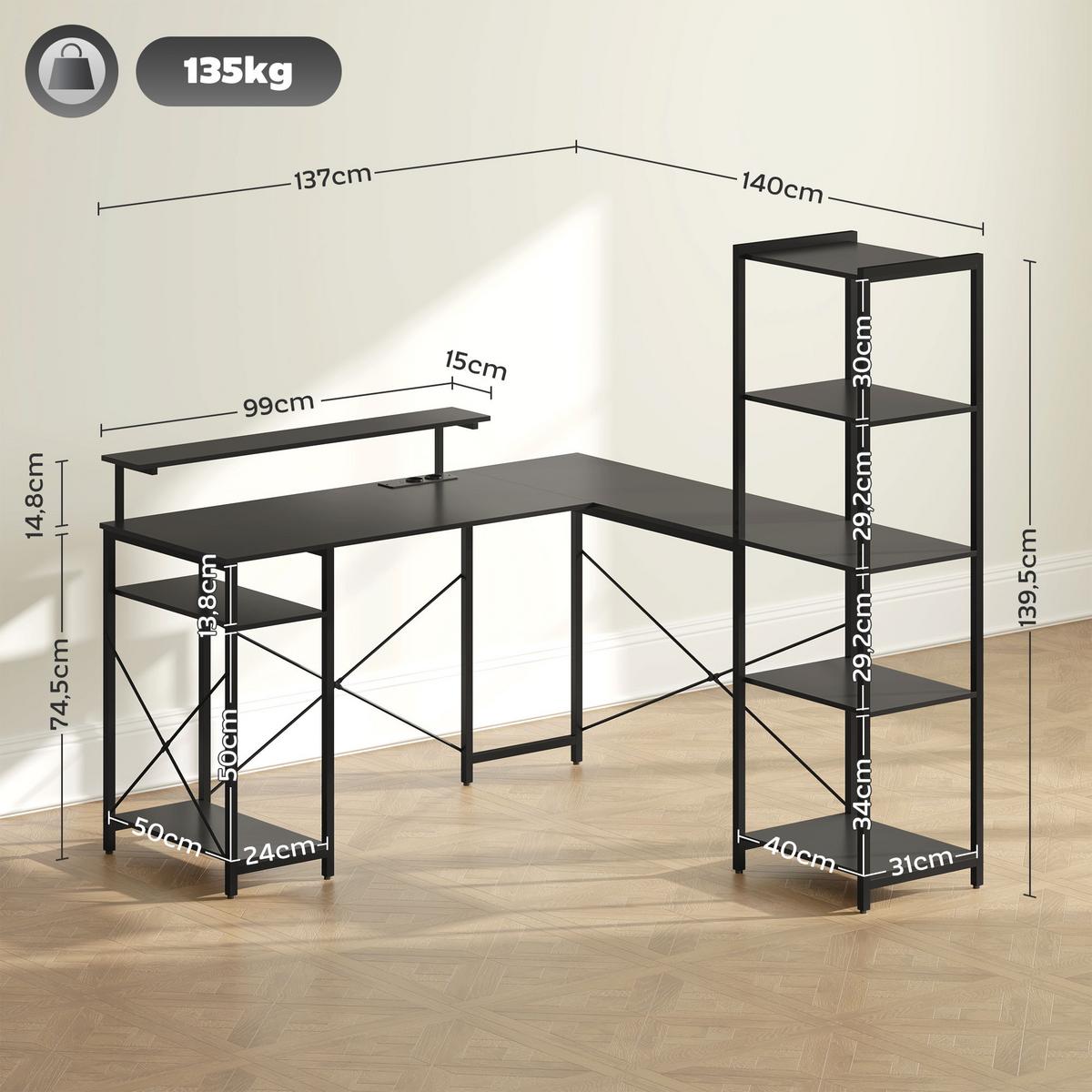 SCHREIBTISCH, L-förmiger Computertisch 137 x 140 x 139,5 cm Eckschreibtisch - Schwarz, Holzwerkstoff/Metall (137/140/139.5cm) - HOMCOM