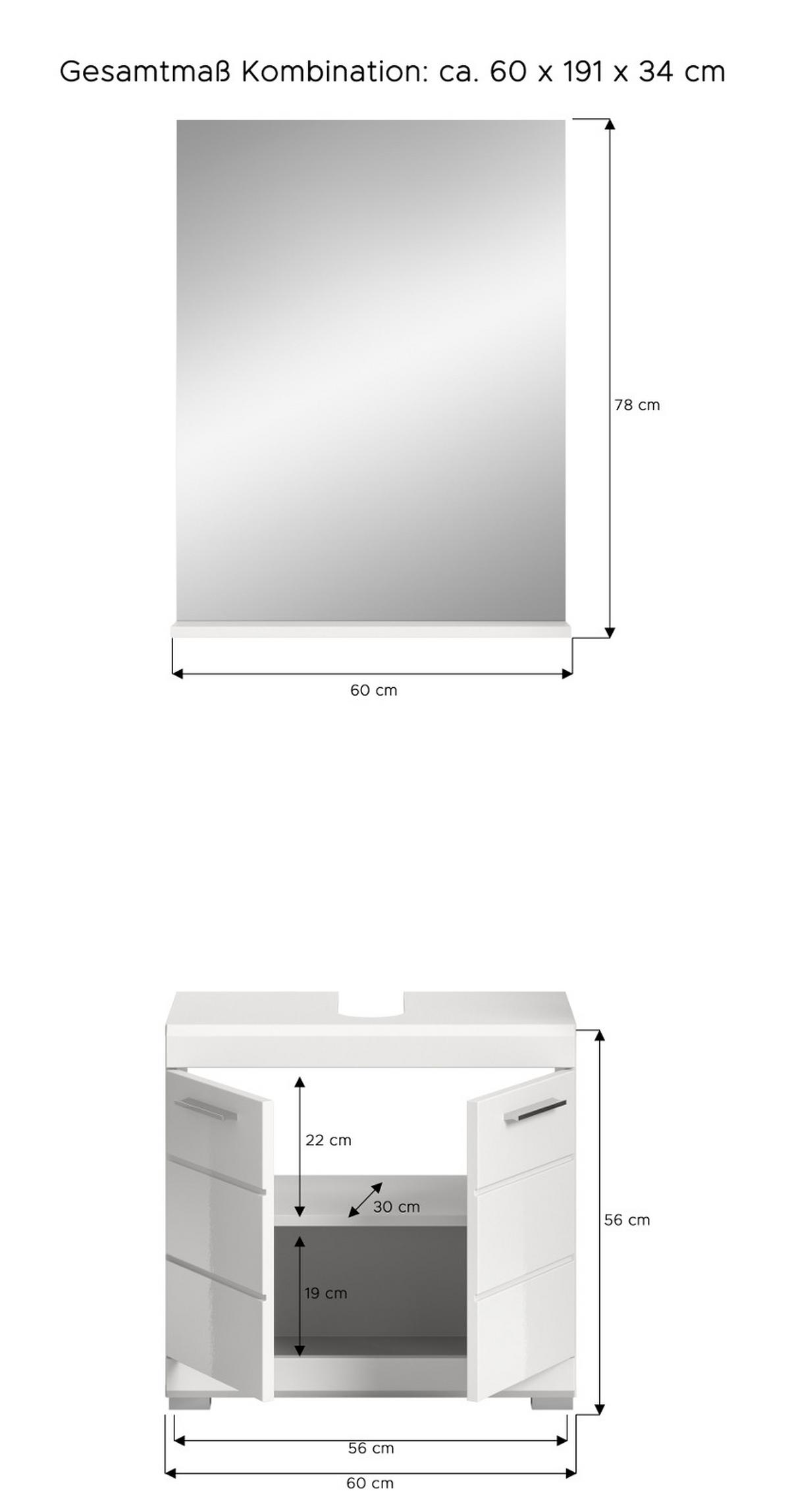 BADMÖBEL-SET weiß Hochglanz 2-teilig 60 cm, Kombination mit Spiegel - Weiß Hochglanz, Glas/Holzwerkstoff (60/191/34cm) - Inn.Furn