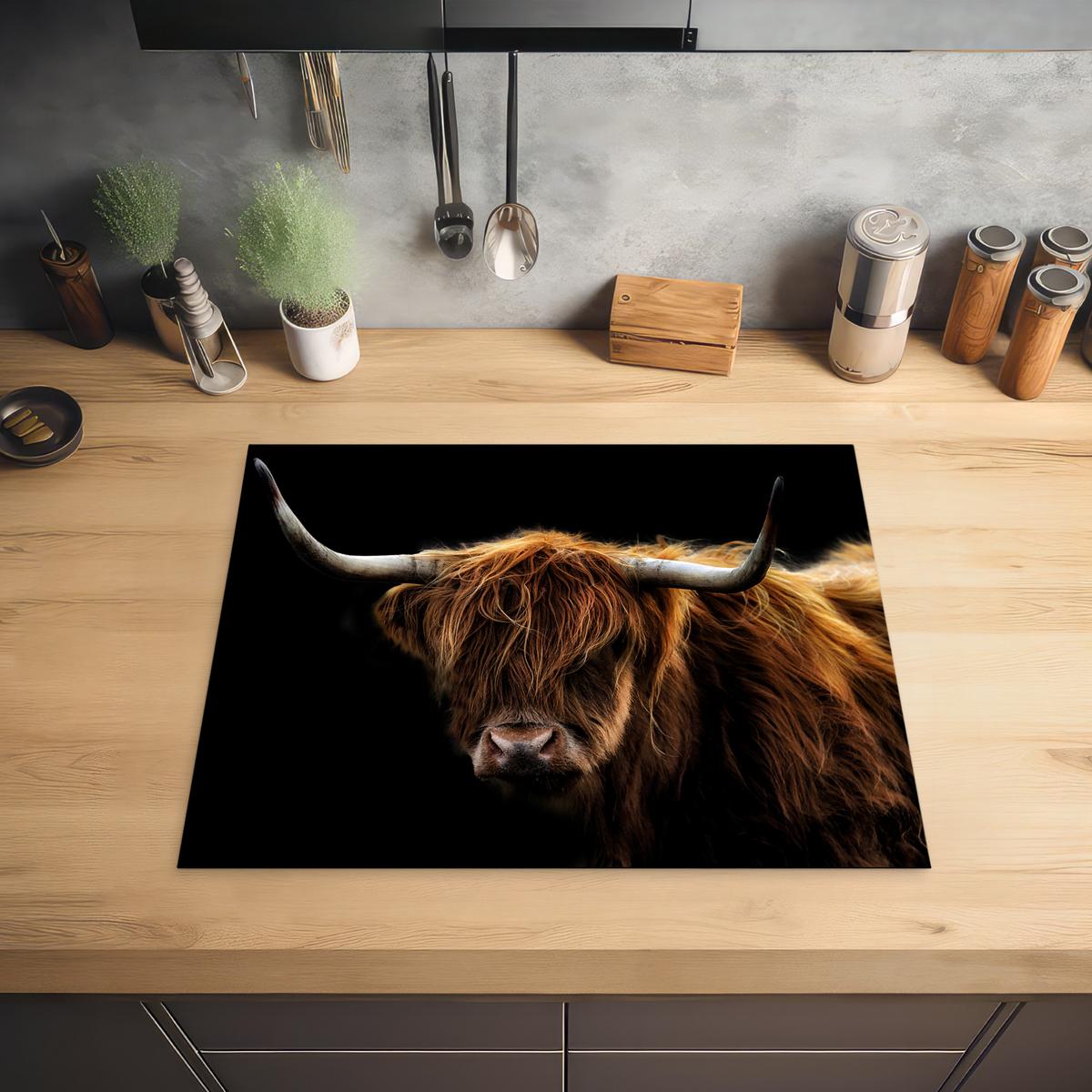 HERDABDECKPLATTE Schottischer Highlander - Hörner - Schwarz - Tiere - Natur - Wild - Kuh Herdabdeckung Induktionsfeld 65x52 cm - Cognac, Kunststoff (65/52/0.2cm) - MuchoWow