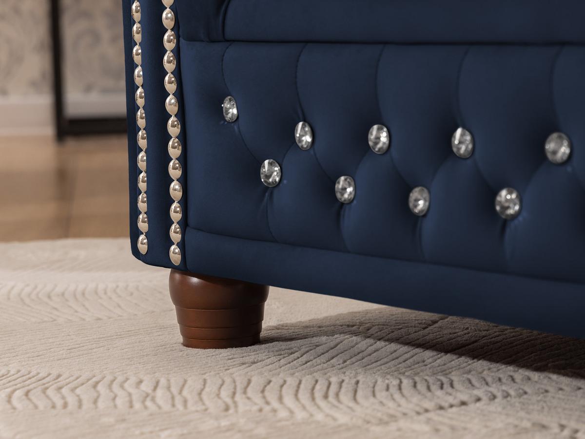 CHESTERFIELD-SOFA 2-sitzer Cleo Blink Marineblau Samt mit Kristallsteppung und braunen Massivholzfüßen - Blau/Braun, Holz/Textil (148/72/86cm) - S-Style Möbel
