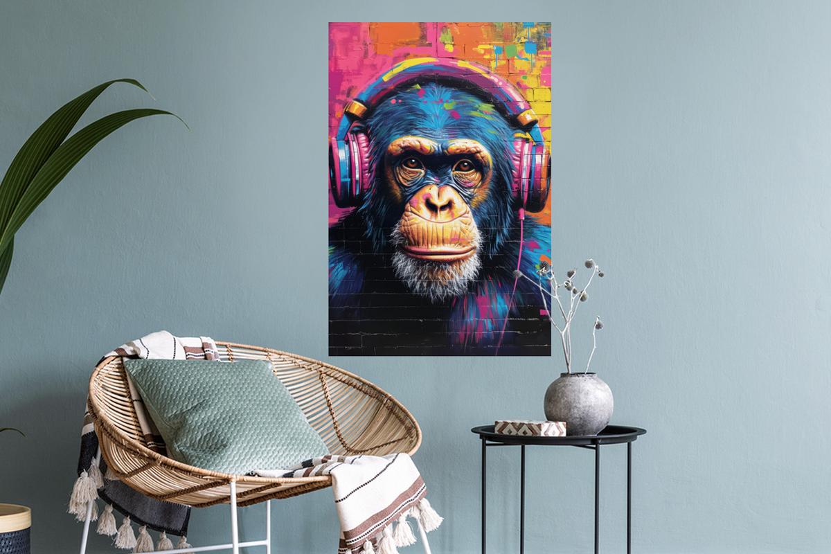 WANDTATTOO Graffiti - Schimpanse - Straßenkunst - Kopfhörer - Affe Wandbild 40x60 cm - Blau, Kunststoff (40/60/0.1cm) - MuchoWow