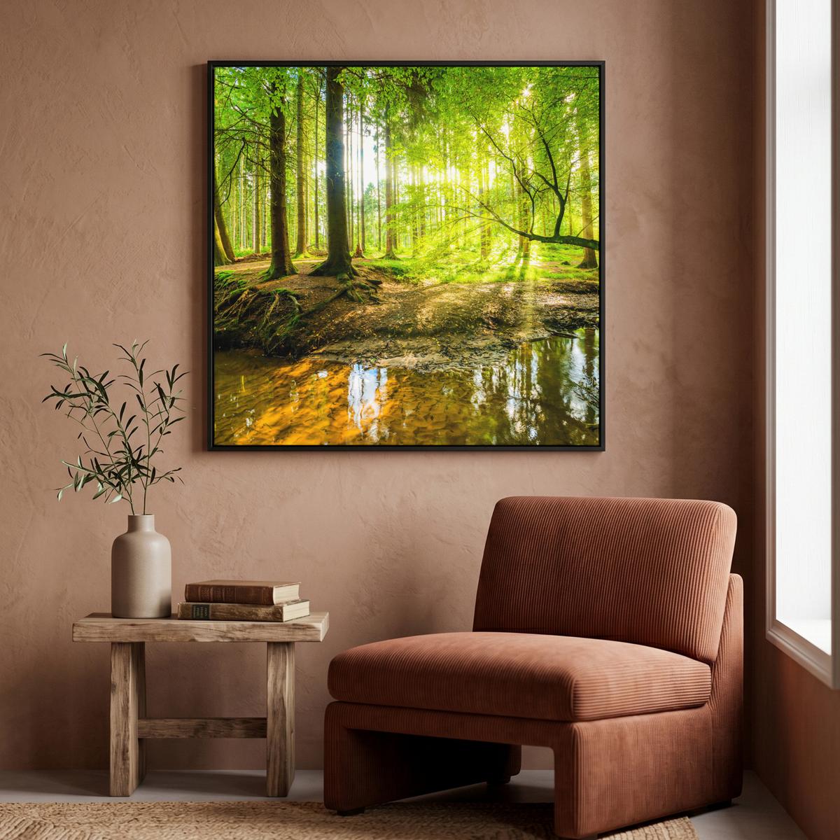 LEINWAND Bilder mit Rahmen - Wald - Landschaft - Wasser - Bäume - Sonne - Grün - Natur - 90x90 - Grün, Textil (90/90cm) - MuchoWow