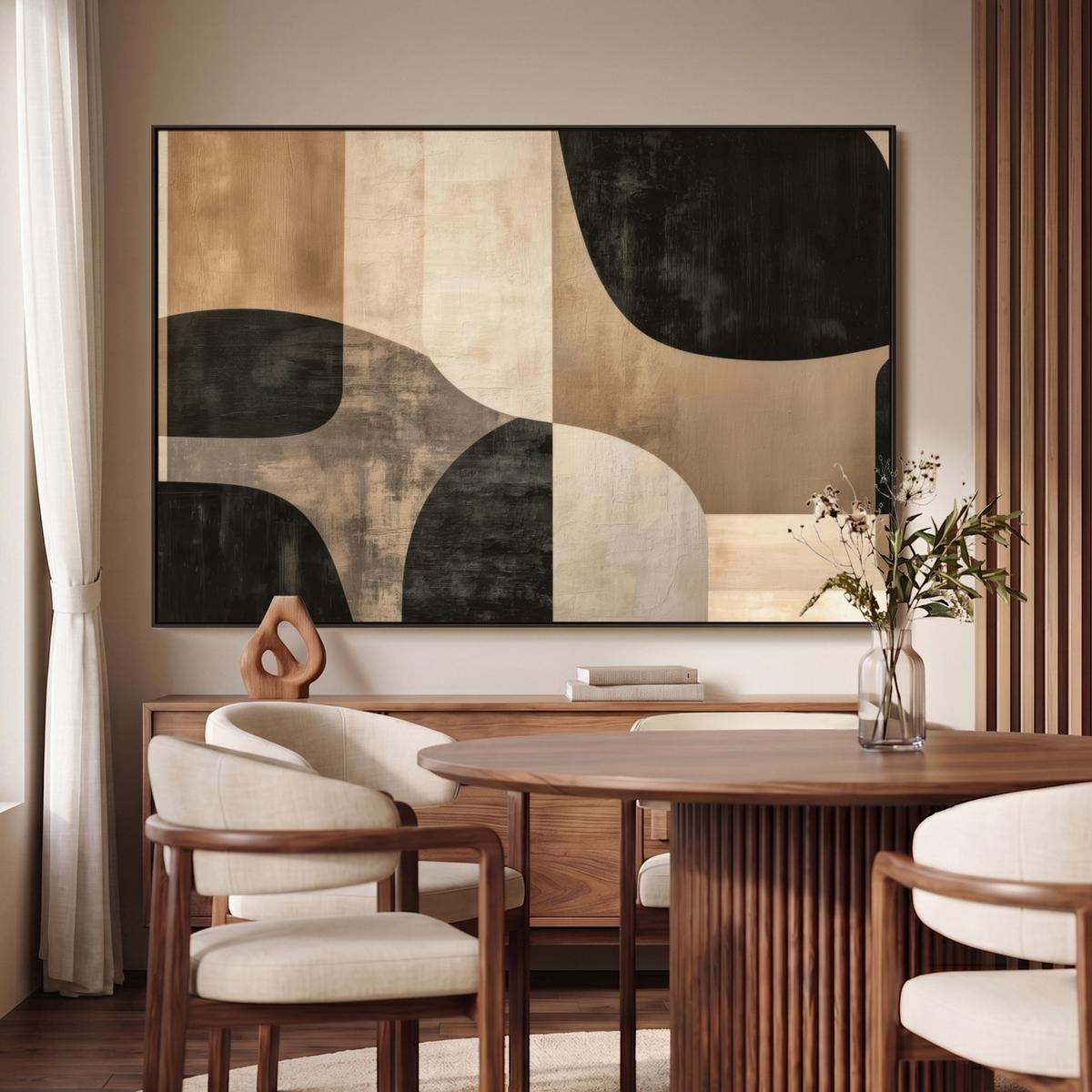 LEINWAND Bilder mit Rahmen - Abstrakt - Flugzeuge - Schwarz - Rund - 140x90 - Beige, Textil (140/90cm) - MuchoWow