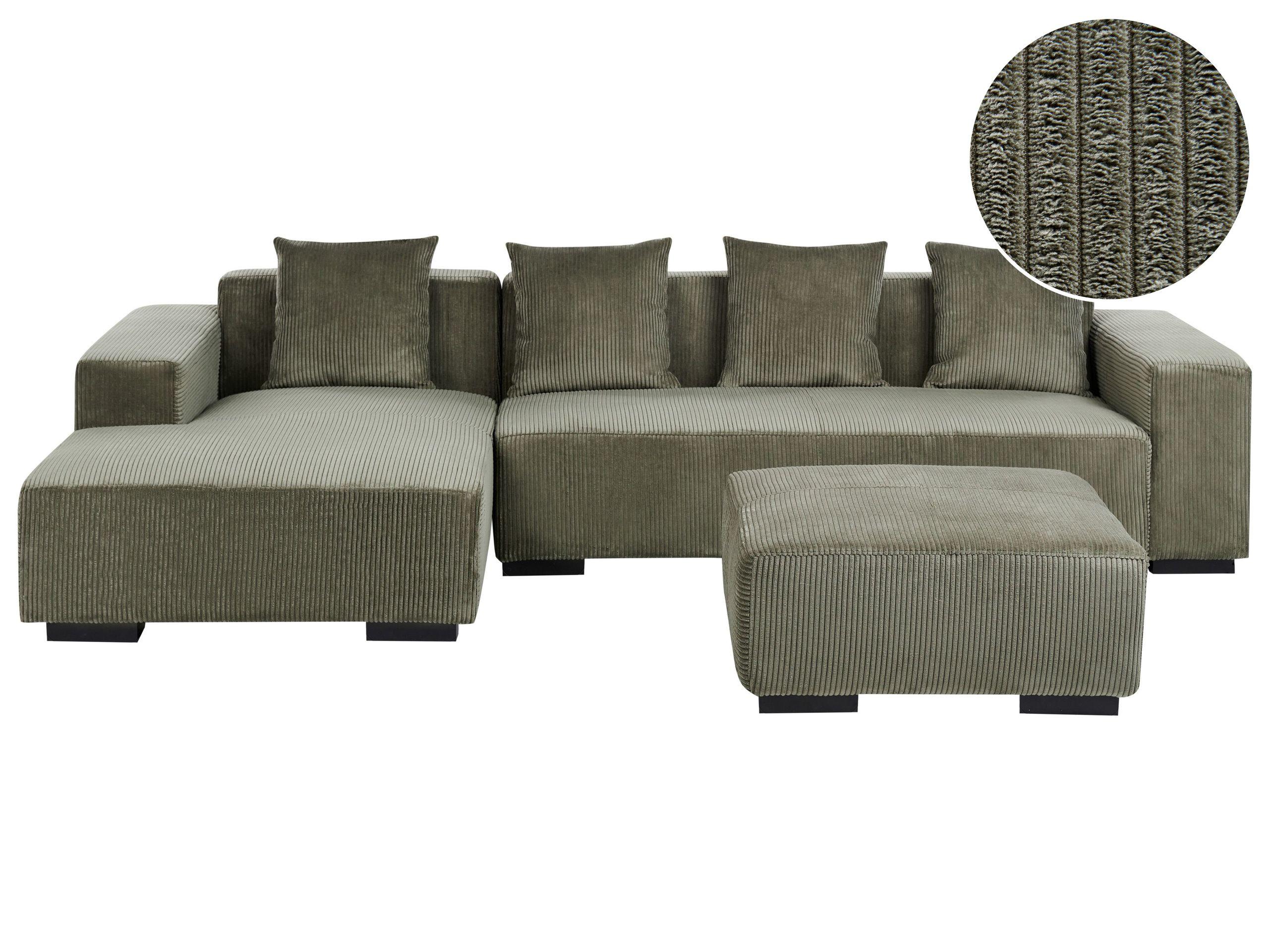 ECKSOFA 4-Sitzer Cord Grün mit Ottomane rechtsseitig Lungo - Schwarz/Grün, Textil (285/160cm) - Beliani